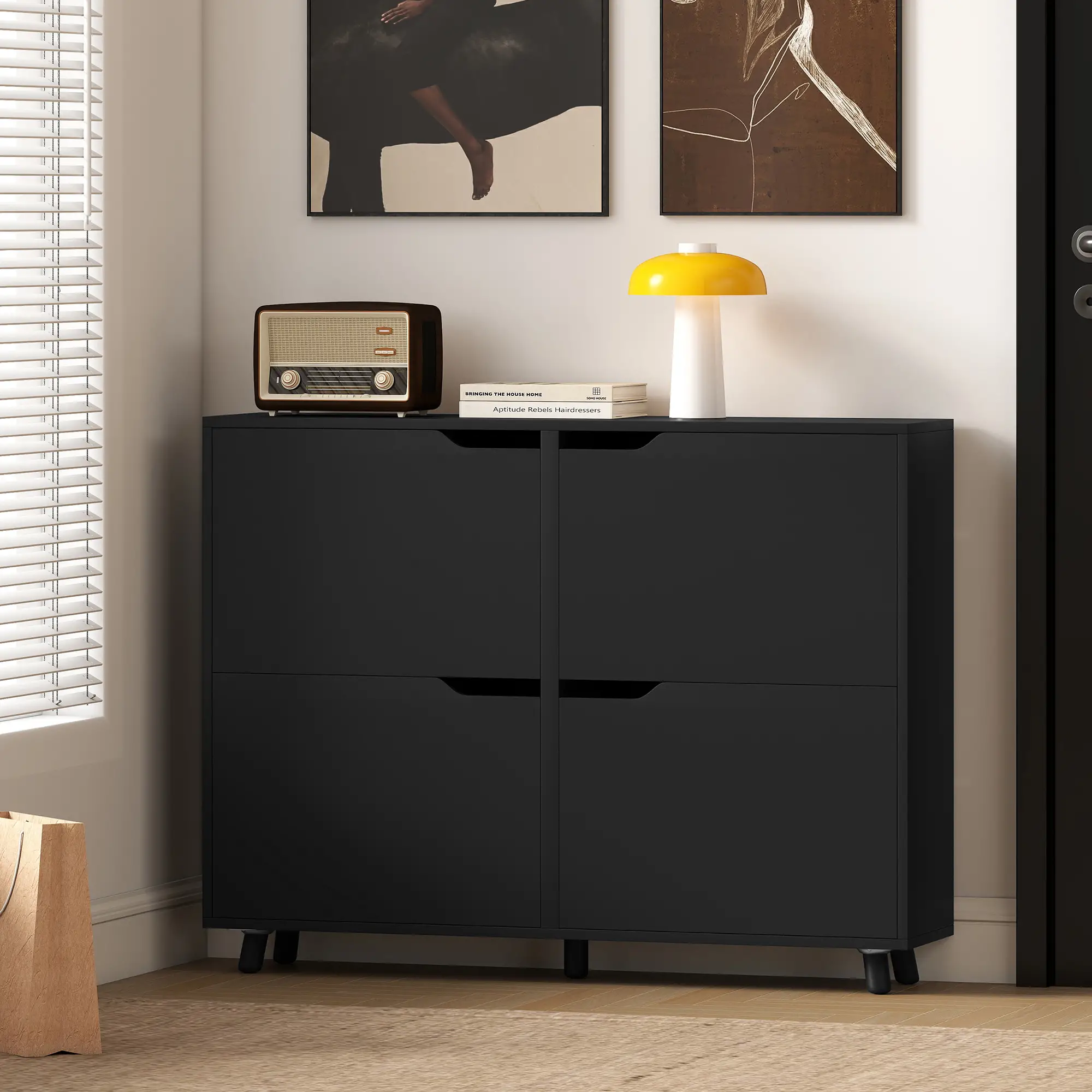 Narrow Shoe Cabinet, 4 Flip Drawers, Adjustable Shelves, 16 Pairs, Black - Image 9