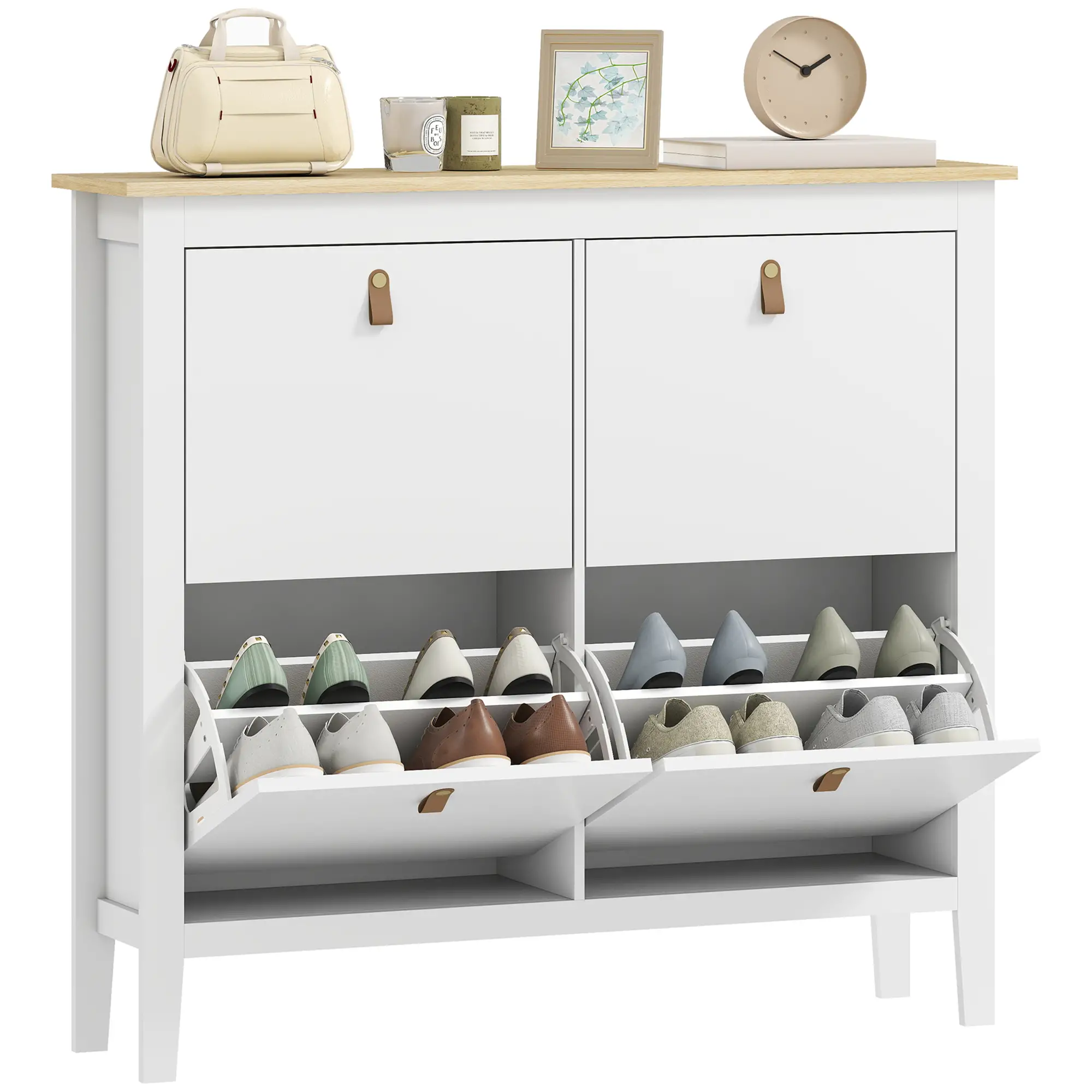 Narrow Shoe Cabinet, 4 Flip Drawers, Adjustable Shelves, White - Image 11