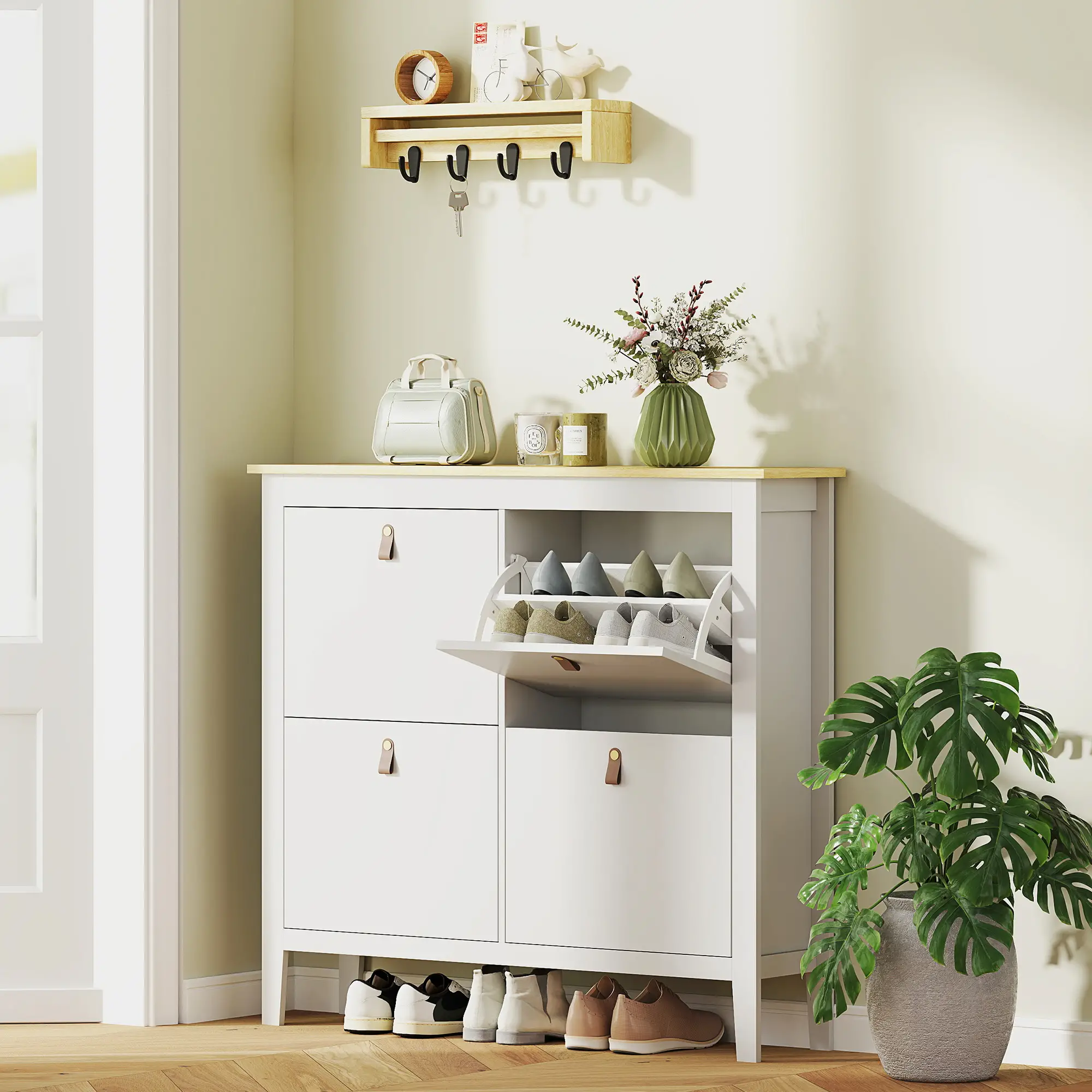 Narrow Shoe Cabinet, 4 Flip Drawers, Adjustable Shelves, White - Image 2