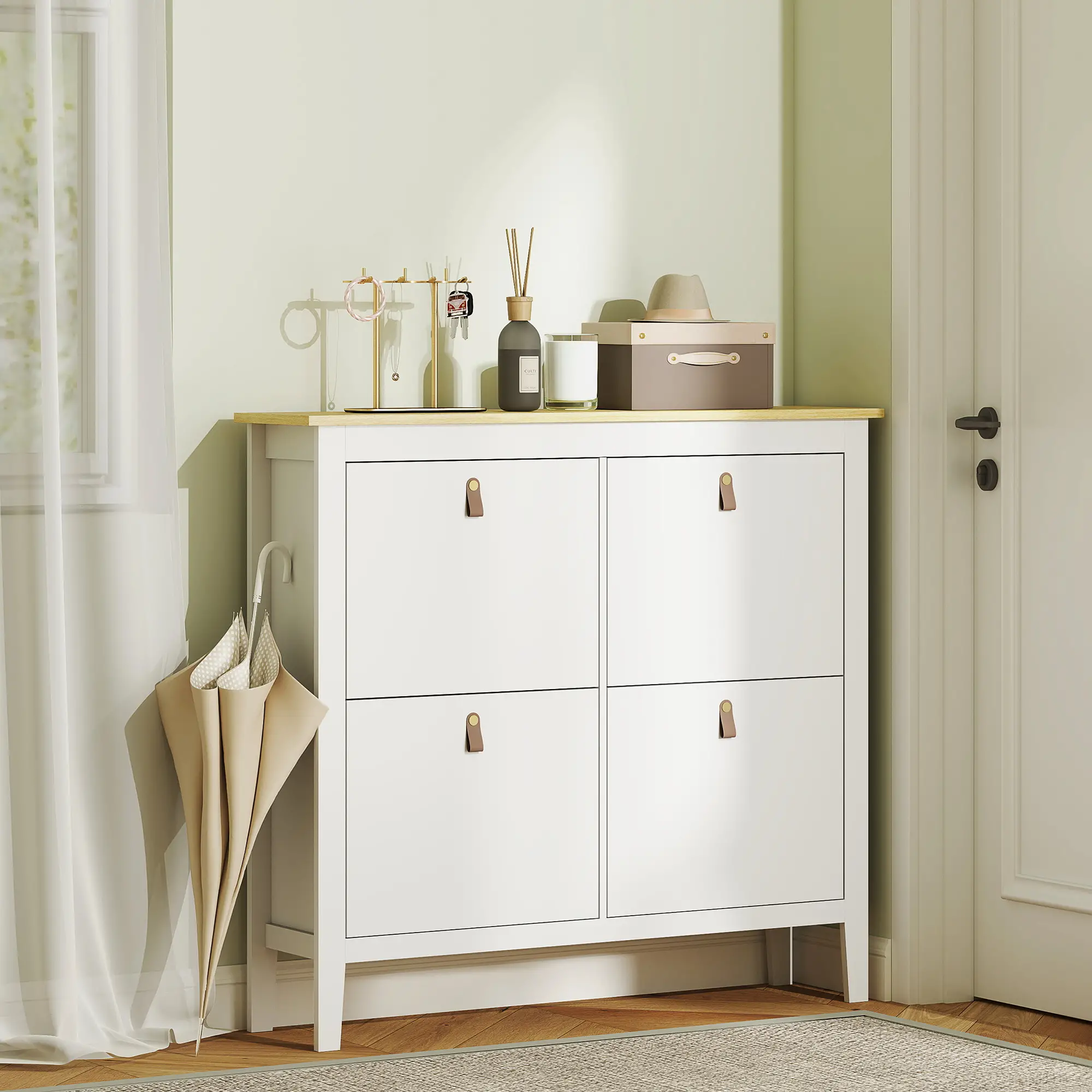 Narrow Shoe Cabinet, 4 Flip Drawers, Adjustable Shelves, White - Image 8