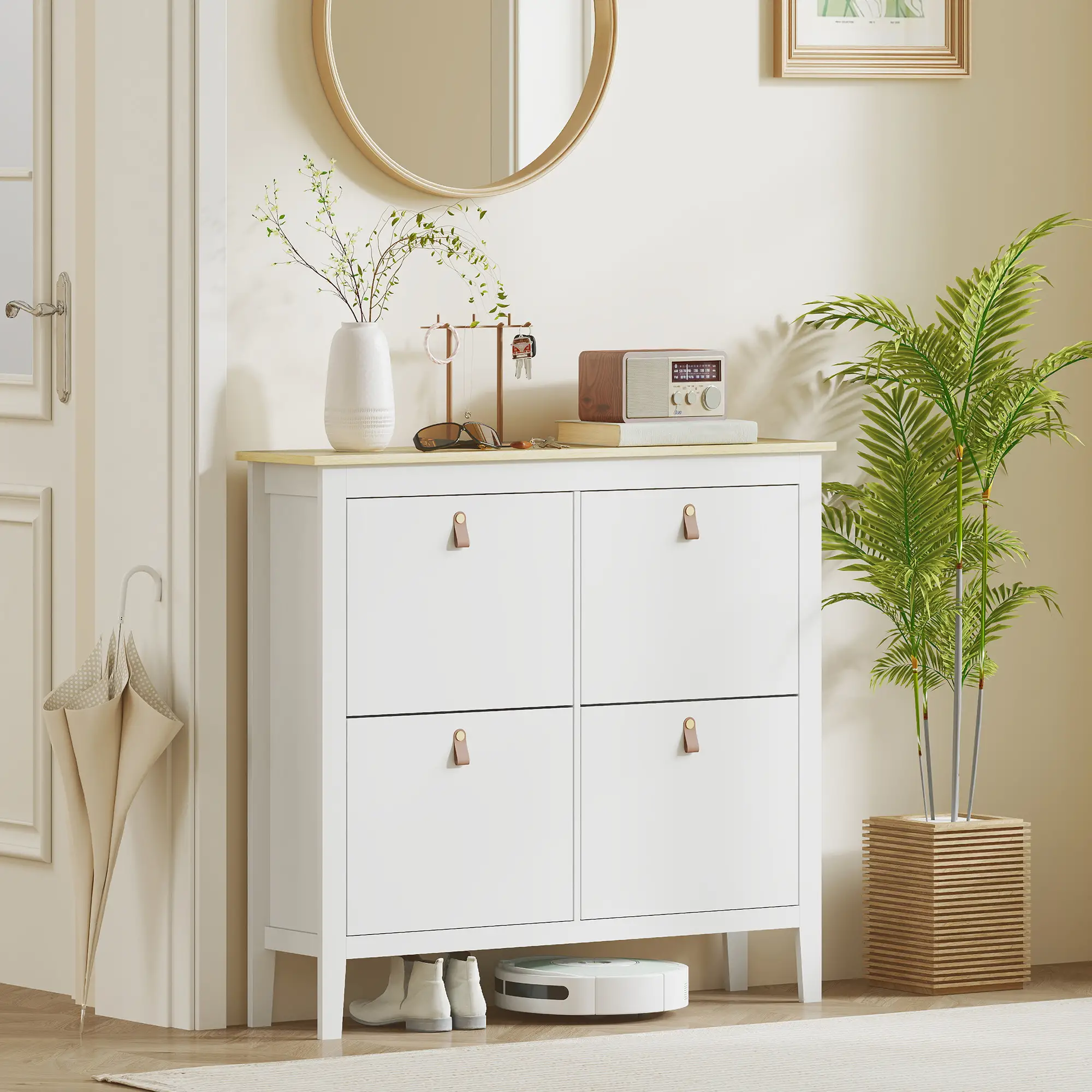 Narrow Shoe Cabinet, 4 Flip Drawers, Adjustable Shelves, White - Image 9