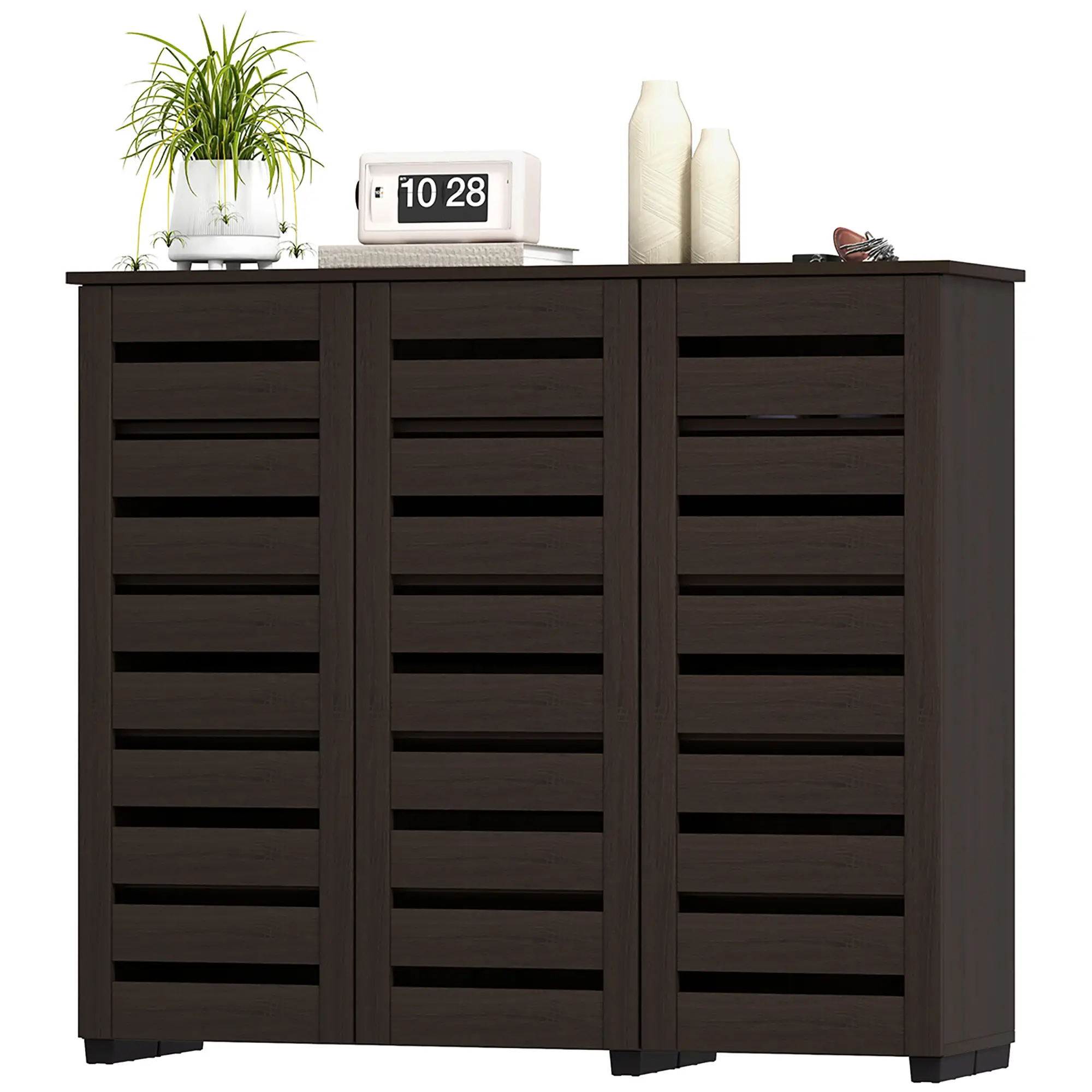 Narrow Shoe Cabinet, Slatted Doors, Adjustable Shelves, 20 Pairs, Dark Brown