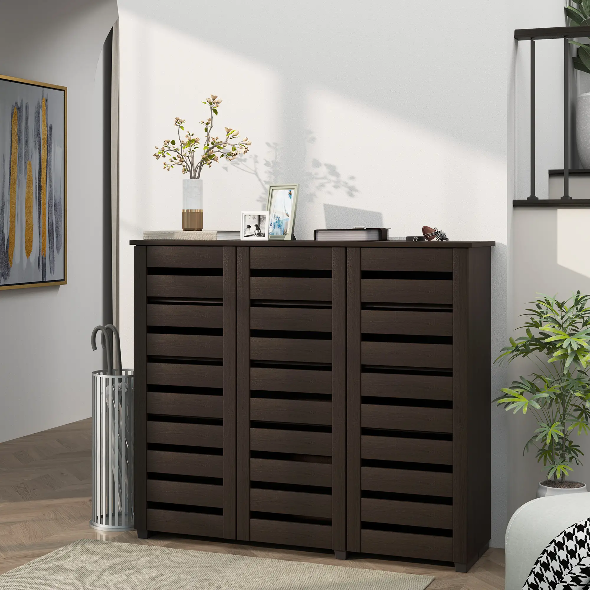 Narrow Shoe Cabinet, Slatted Doors, Adjustable Shelves, 20 Pairs, Dark Brown - Image 2