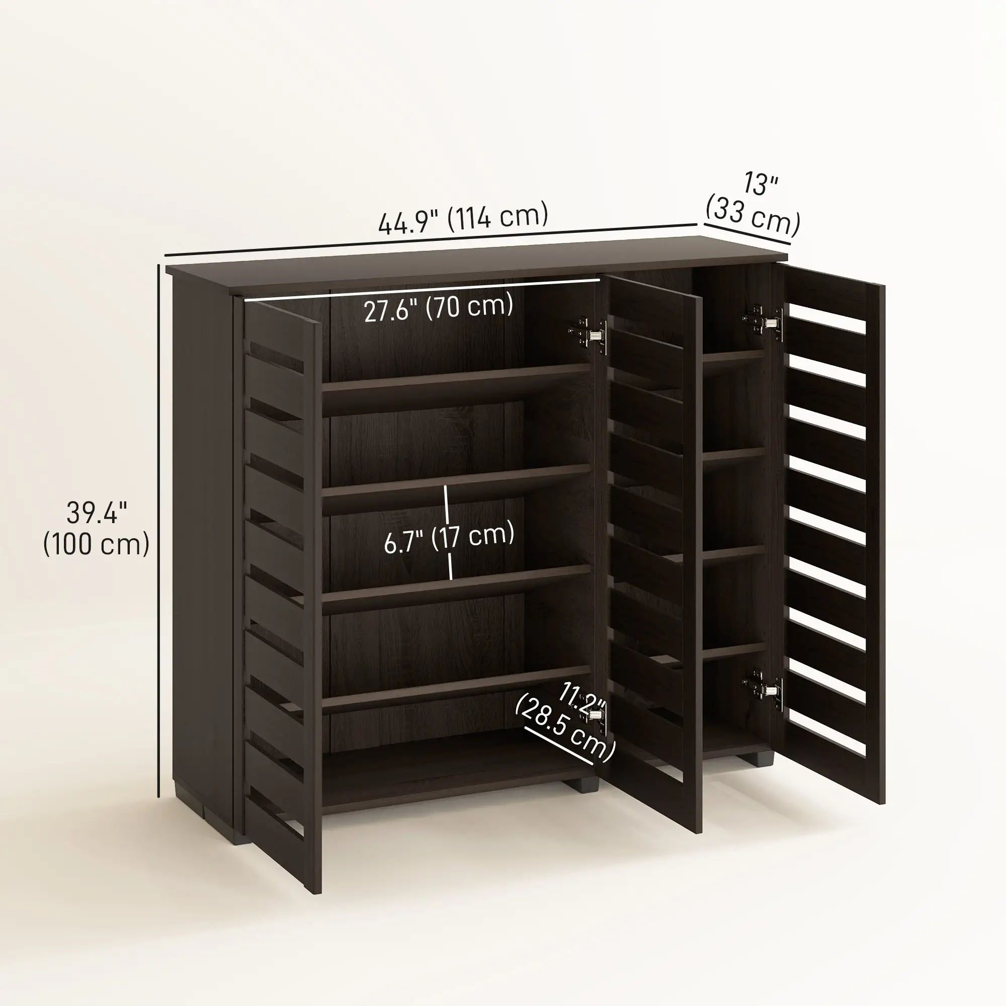 Narrow Shoe Cabinet, Slatted Doors, Adjustable Shelves, 20 Pairs, Dark Brown - Image 3
