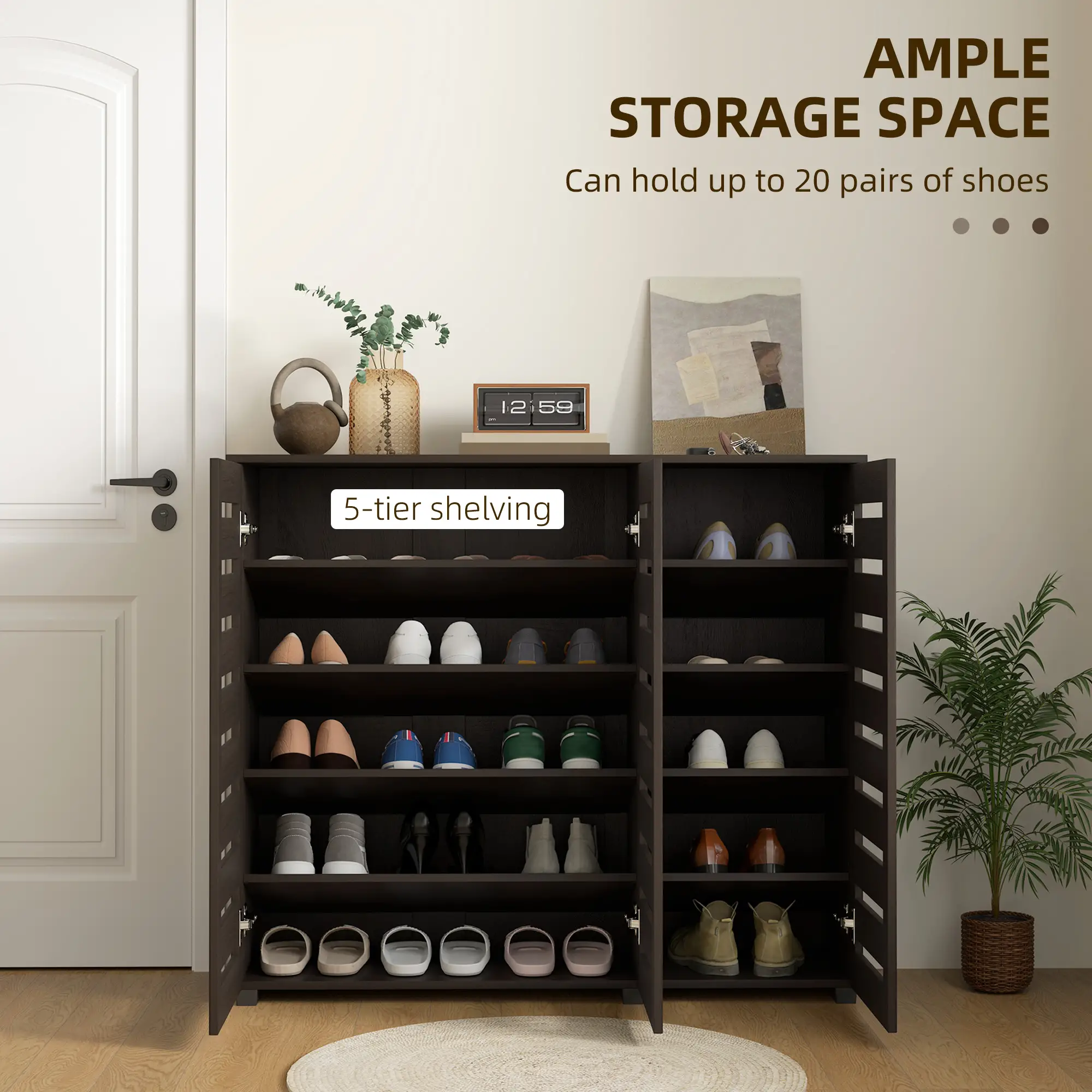 Narrow Shoe Cabinet, Slatted Doors, Adjustable Shelves, 20 Pairs, Dark Brown - Image 4
