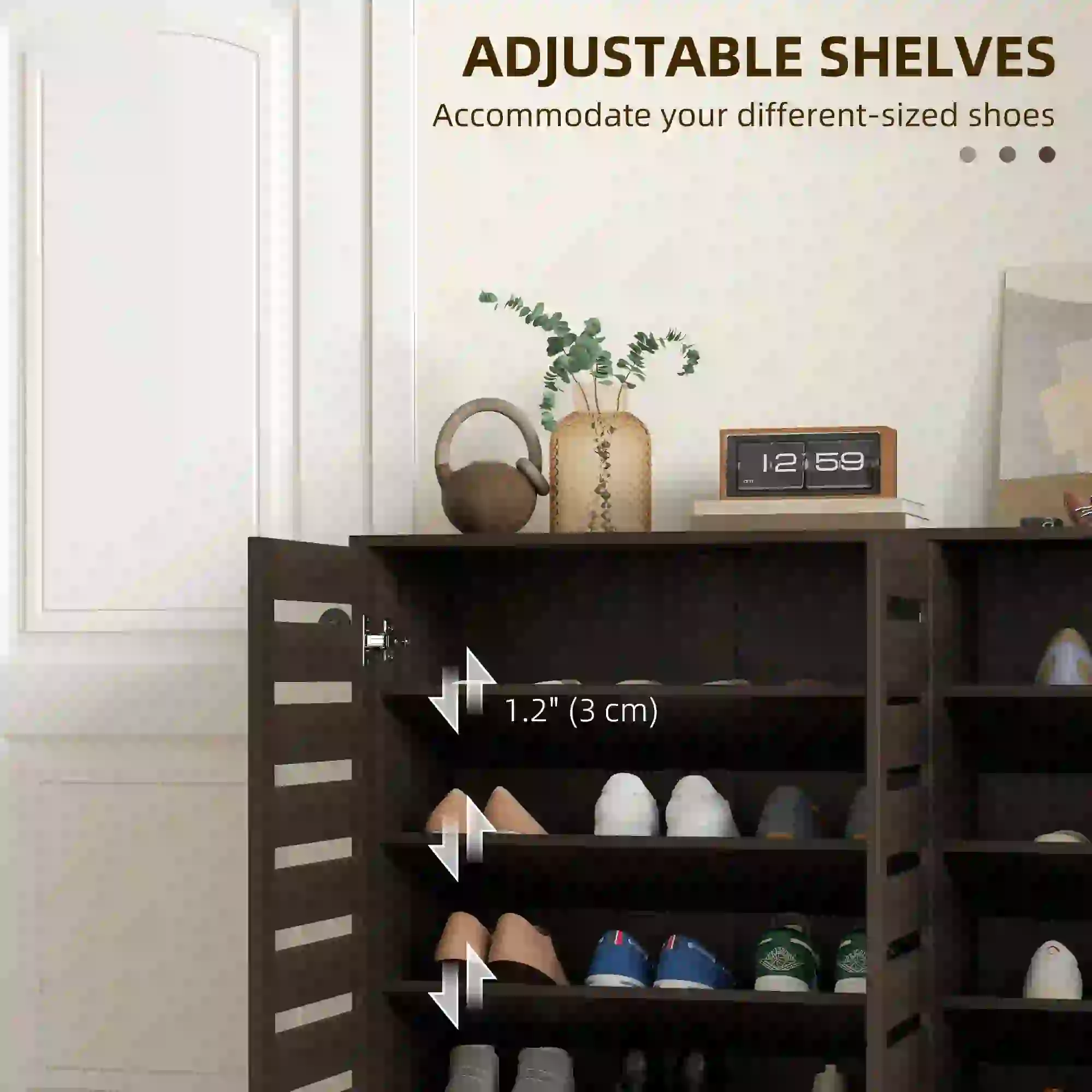 Narrow Shoe Cabinet, Slatted Doors, Adjustable Shelves, 20 Pairs, Dark Brown - Image 6