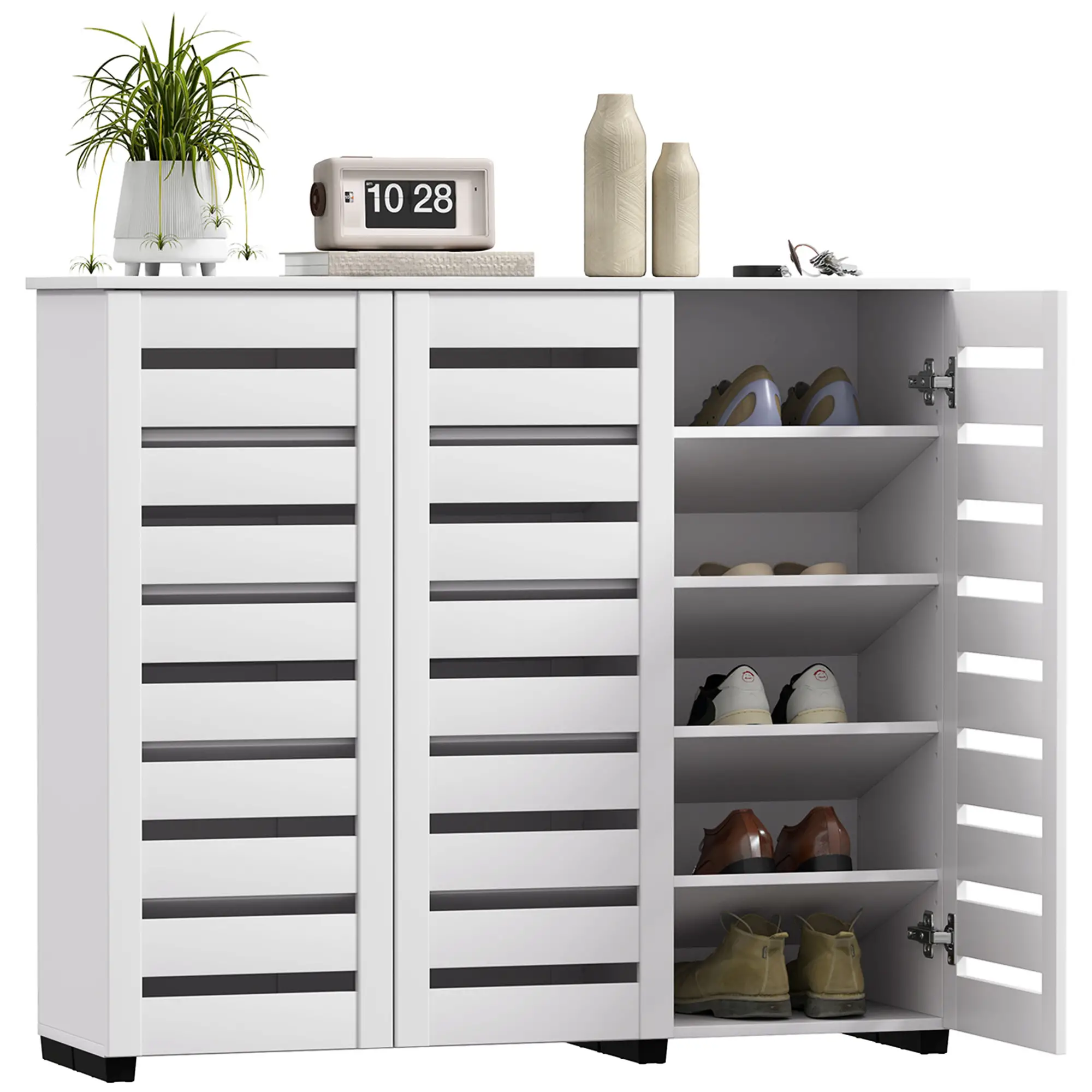 Narrow Shoe Cabinet, Slatted Doors, Adjustable Shelves, 20 Pairs, White - Image 11