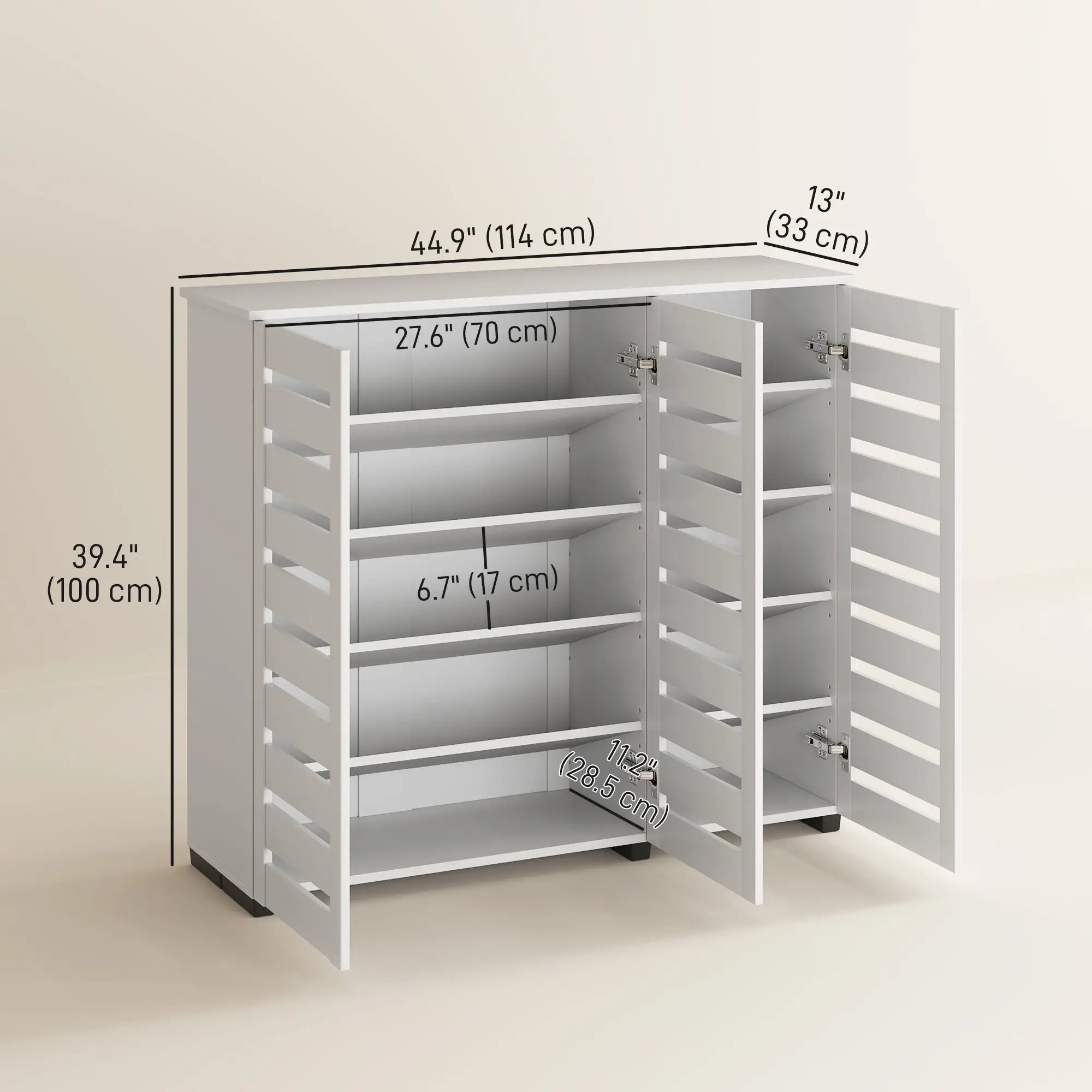 Narrow Shoe Cabinet, Slatted Doors, Adjustable Shelves, 20 Pairs, White - Image 3