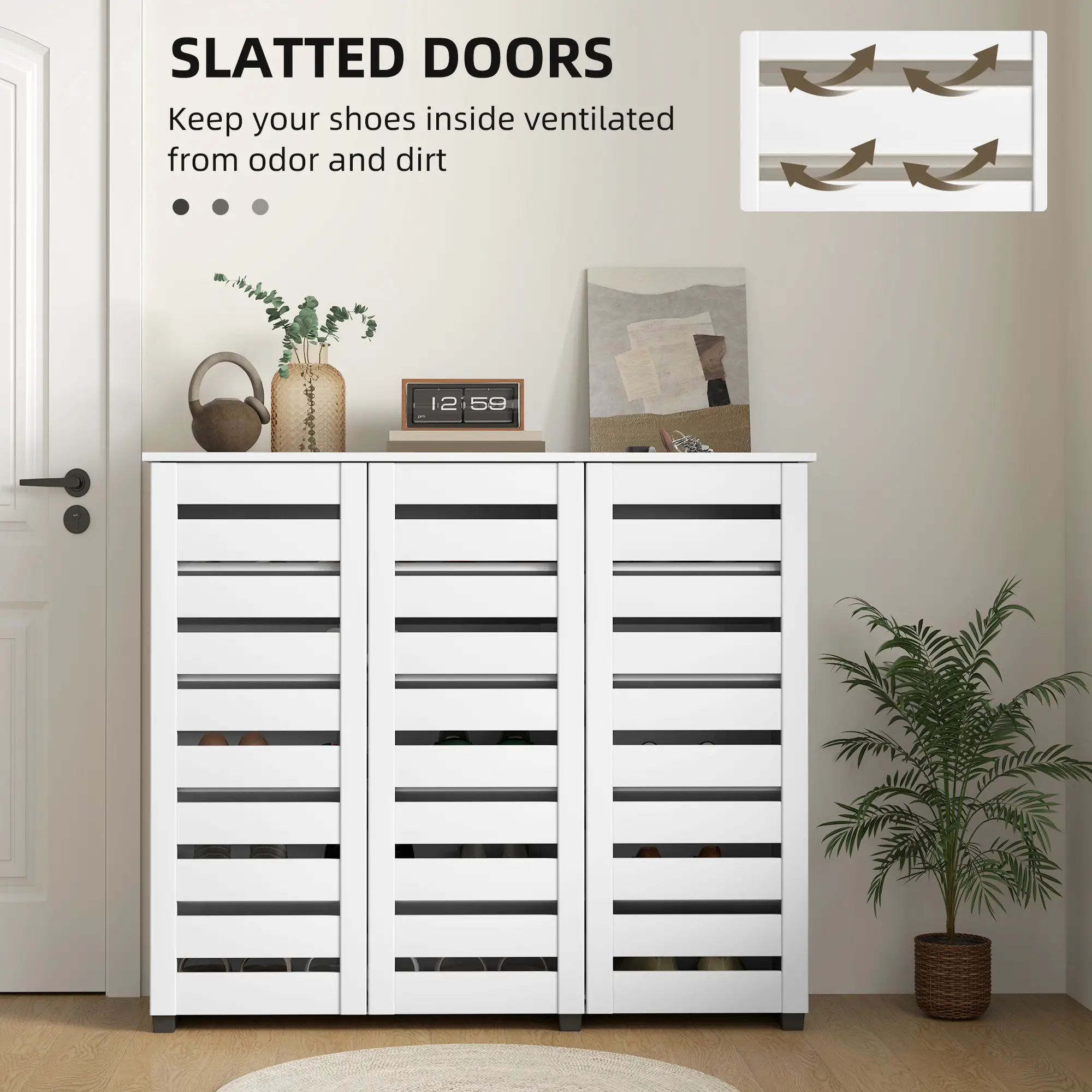 Narrow Shoe Cabinet, Slatted Doors, Adjustable Shelves, 20 Pairs, White - Image 5