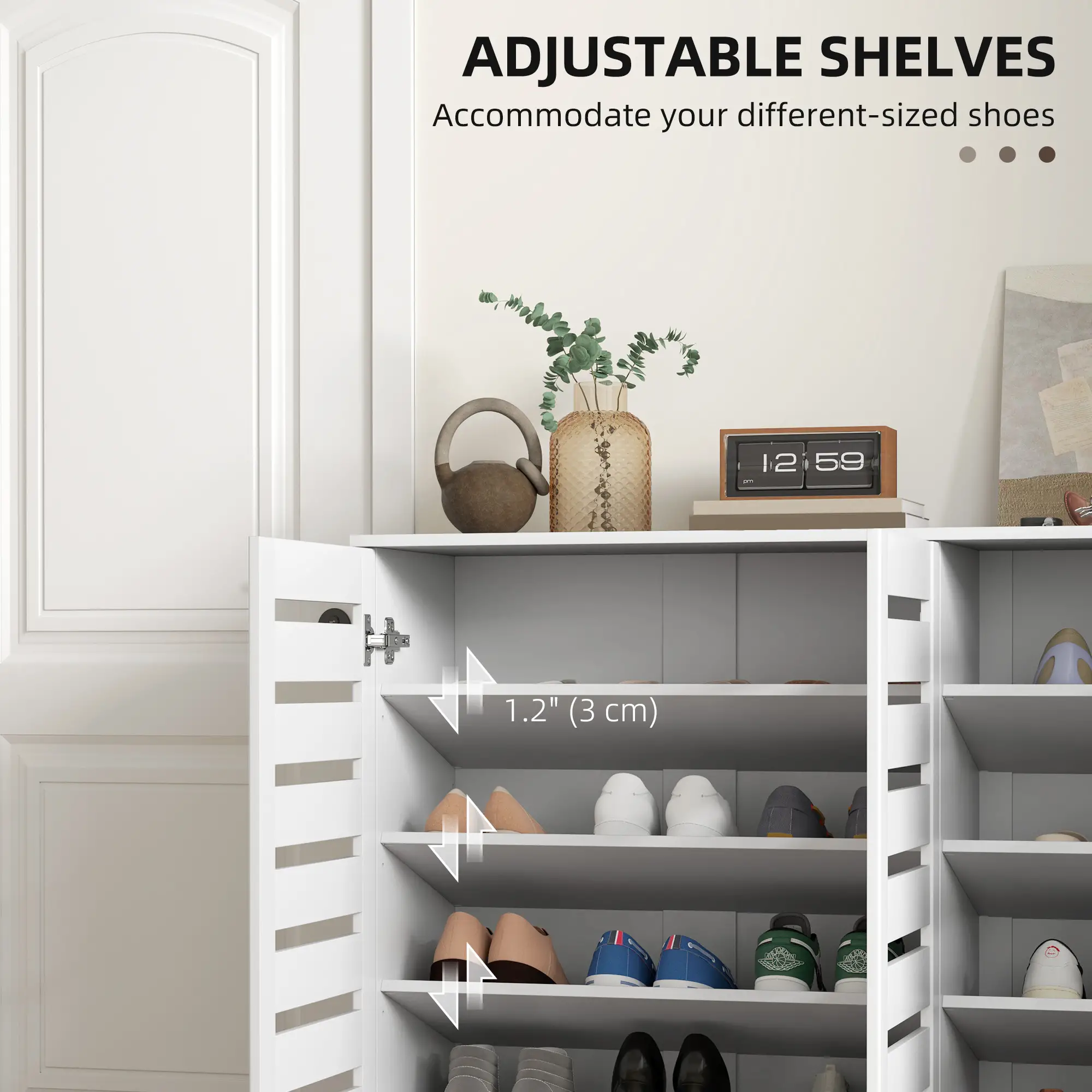 Narrow Shoe Cabinet, Slatted Doors, Adjustable Shelves, 20 Pairs, White - Image 6