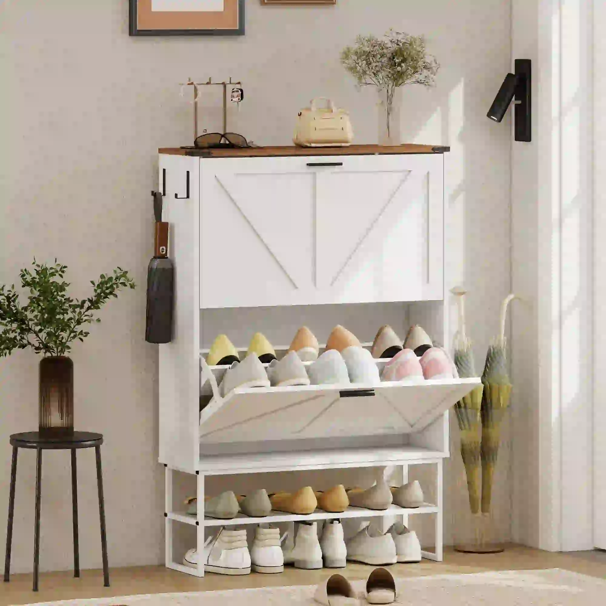 Narrow Shoe Cabinet with 2 Flip Drawers, Slim, White Wood Grain, White - Image 2
