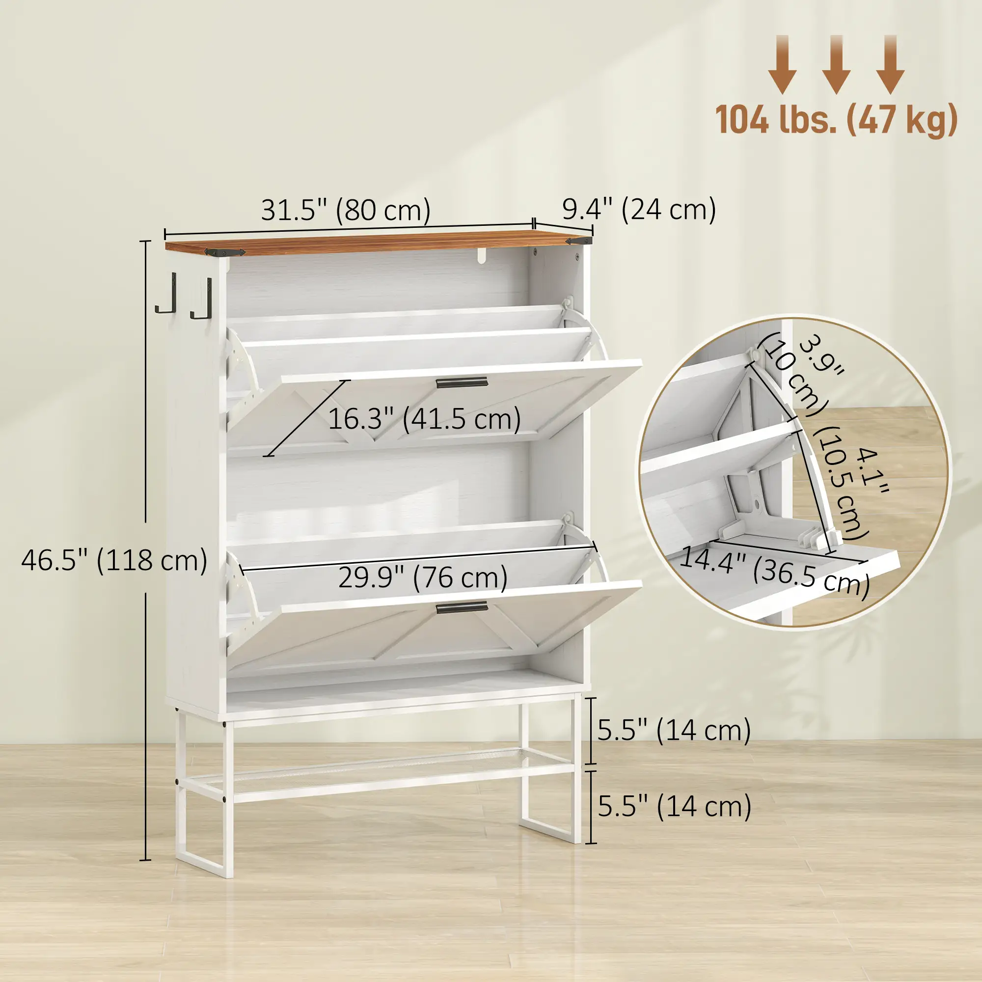 Narrow Shoe Cabinet with 2 Flip Drawers, Slim, White Wood Grain, White - Image 3