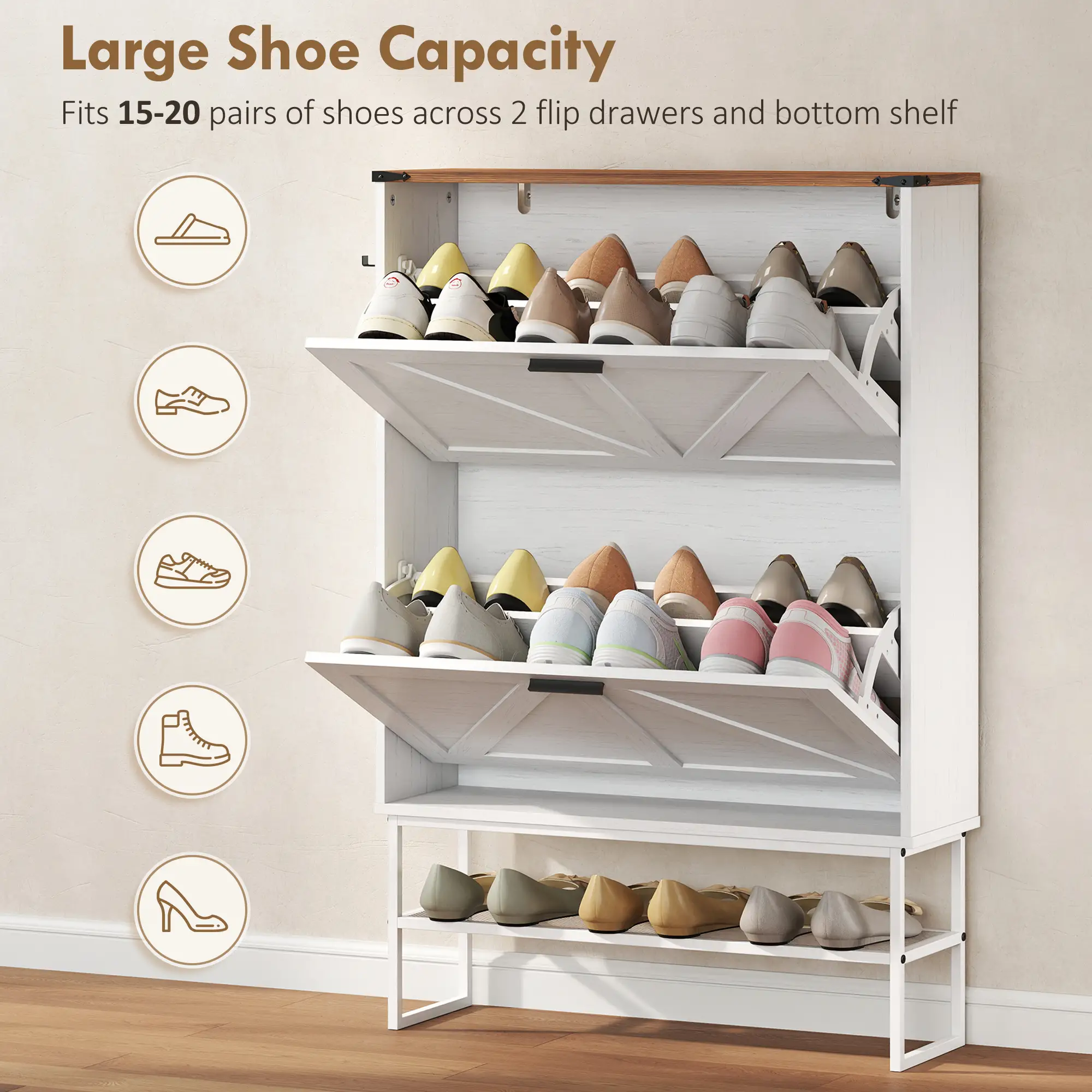 Narrow Shoe Cabinet with 2 Flip Drawers, Slim, White Wood Grain, White - Image 5