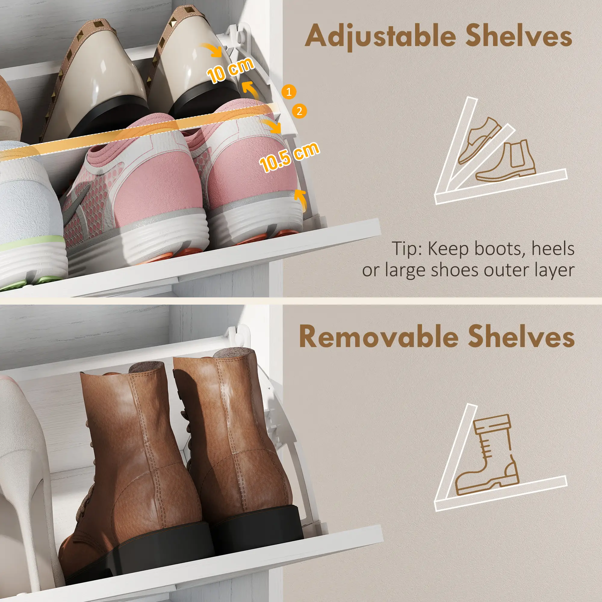 Narrow Shoe Cabinet with 2 Flip Drawers, Slim, White Wood Grain, White - Image 6