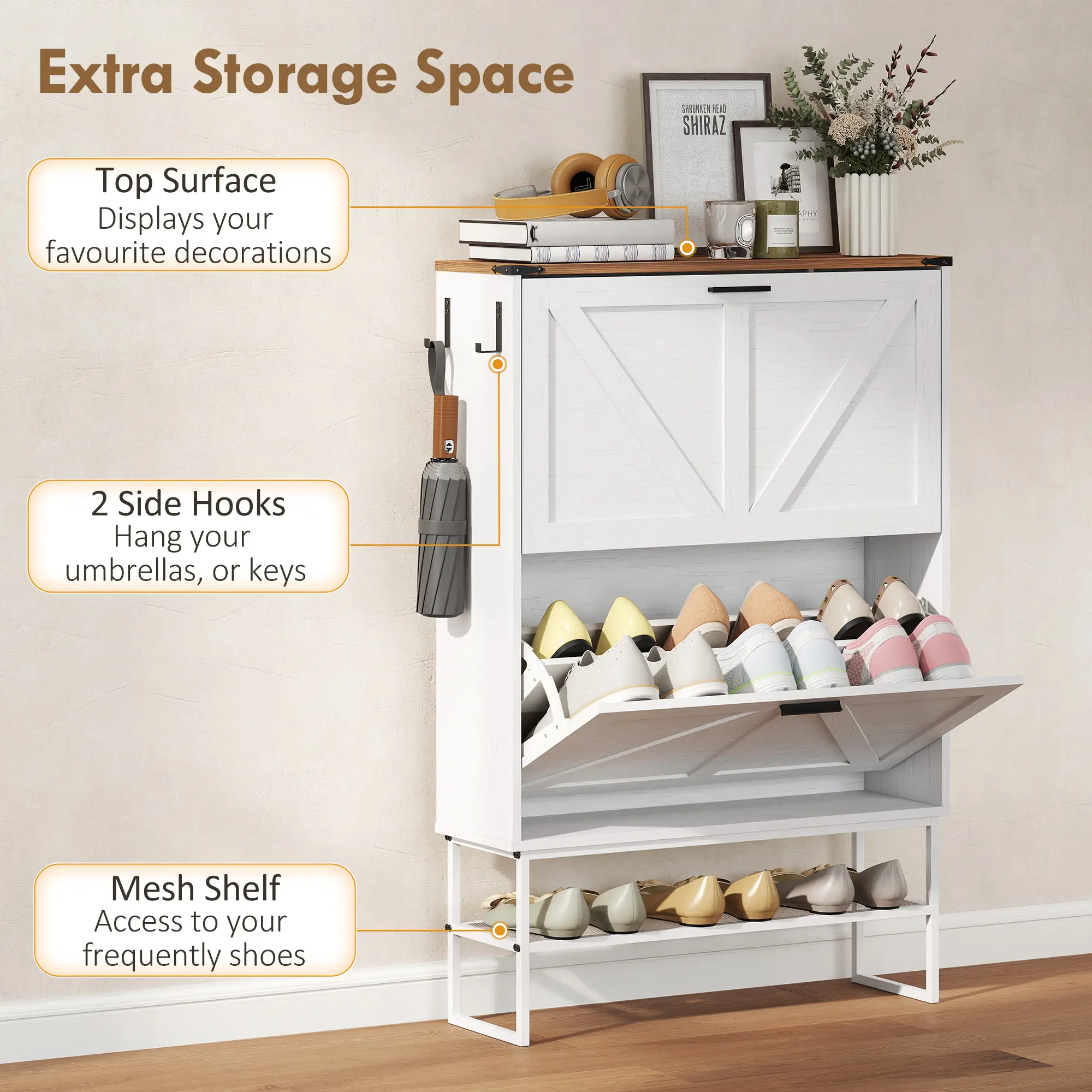 Narrow Shoe Cabinet with 2 Flip Drawers, Slim, White Wood Grain, White - Image 7