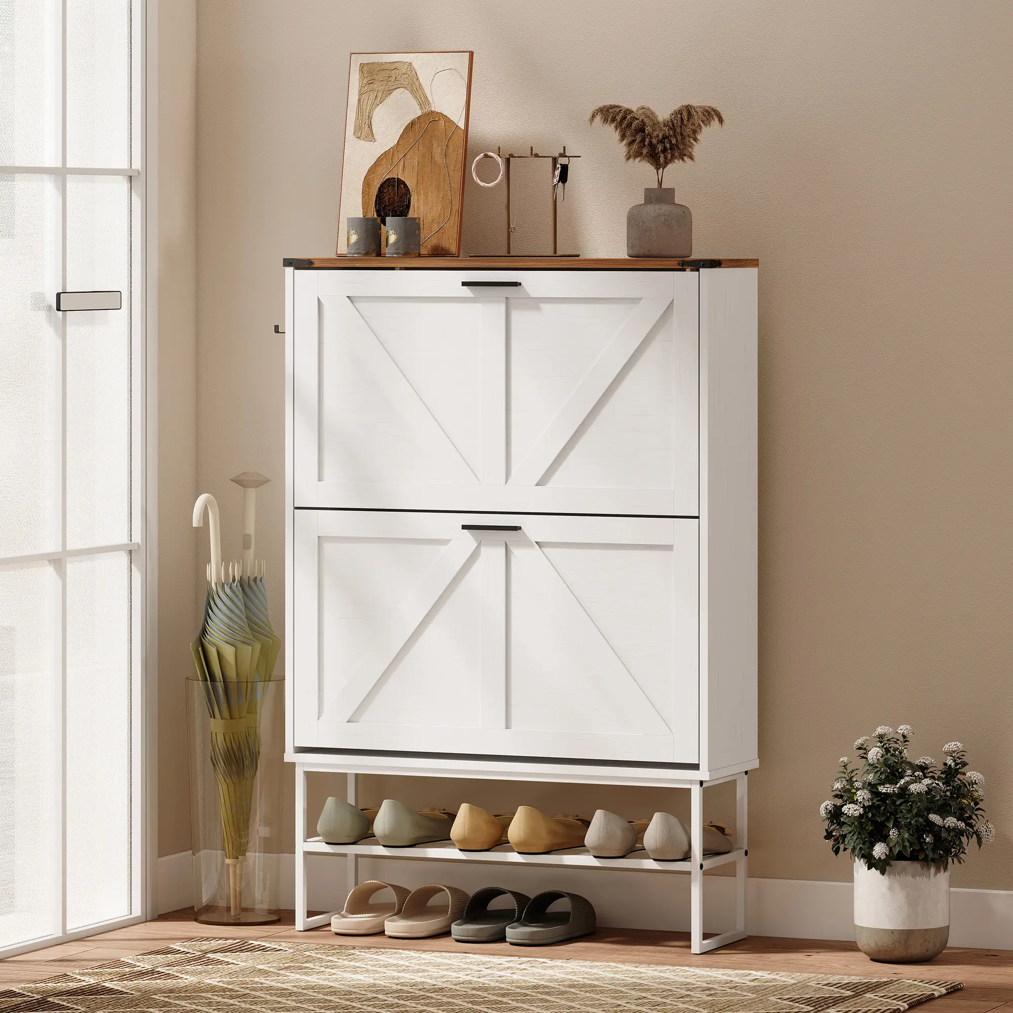 Narrow Shoe Cabinet with 2 Flip Drawers, Slim, White Wood Grain, White - Image 8
