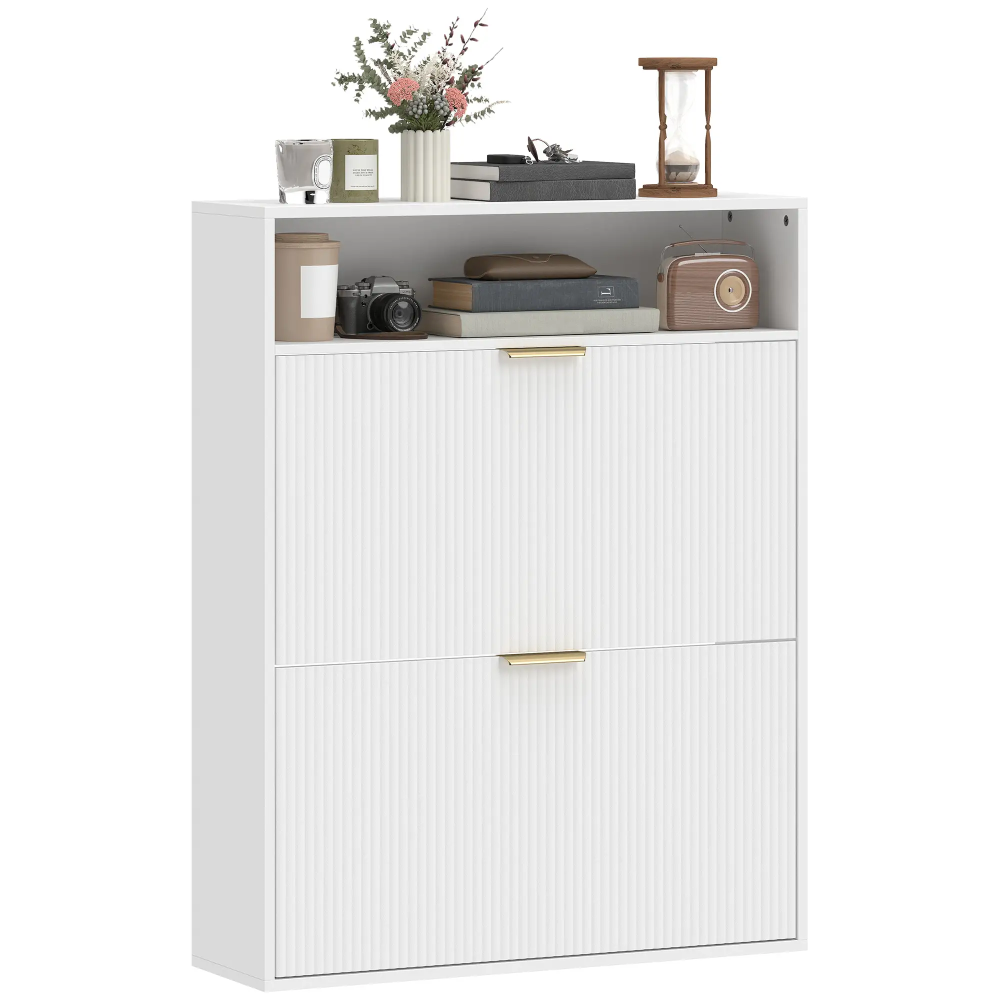 Narrow Shoe Cabinet With 2 Flip Drawers, Top Shelf, White