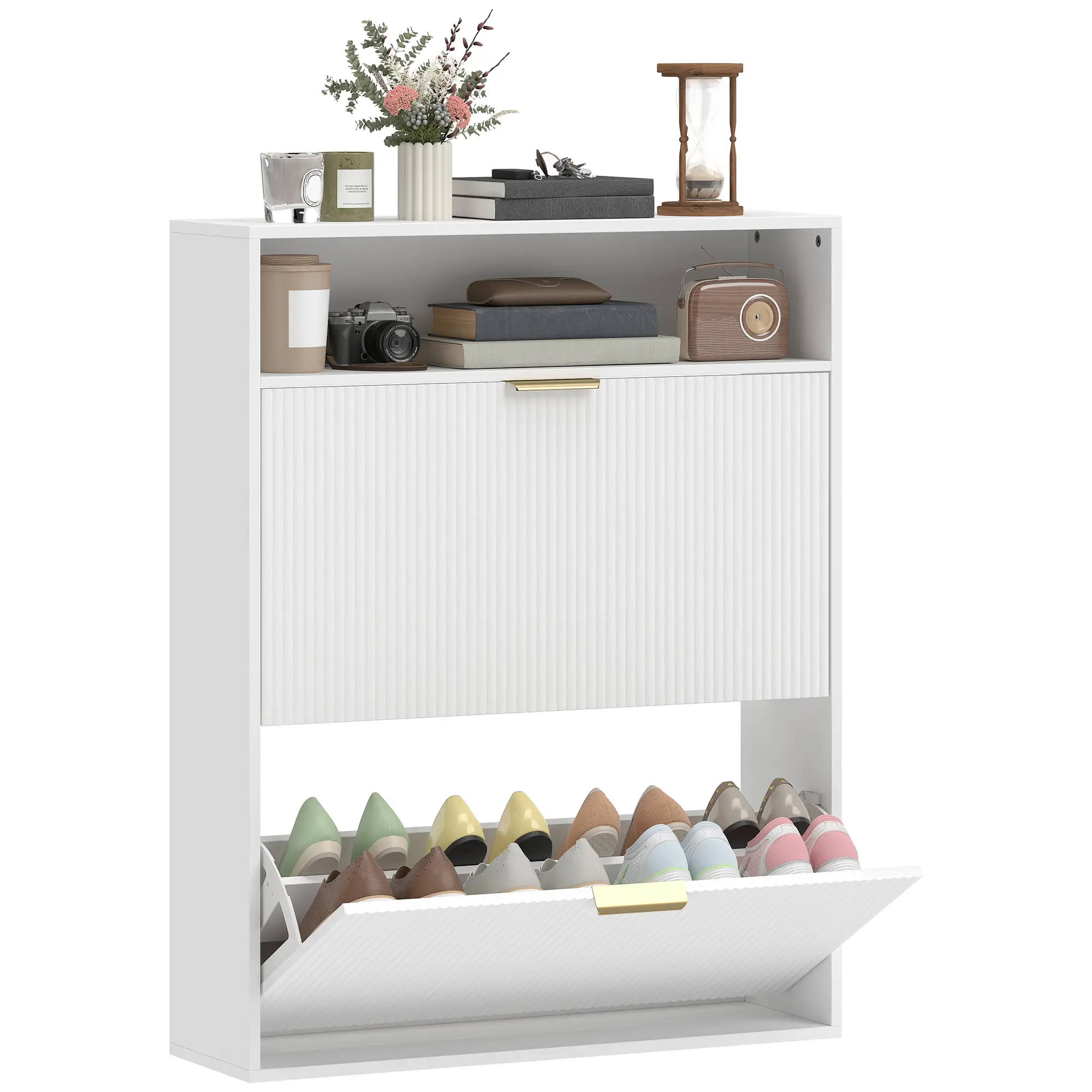 Narrow Shoe Cabinet With 2 Flip Drawers, Top Shelf, White - Image 10