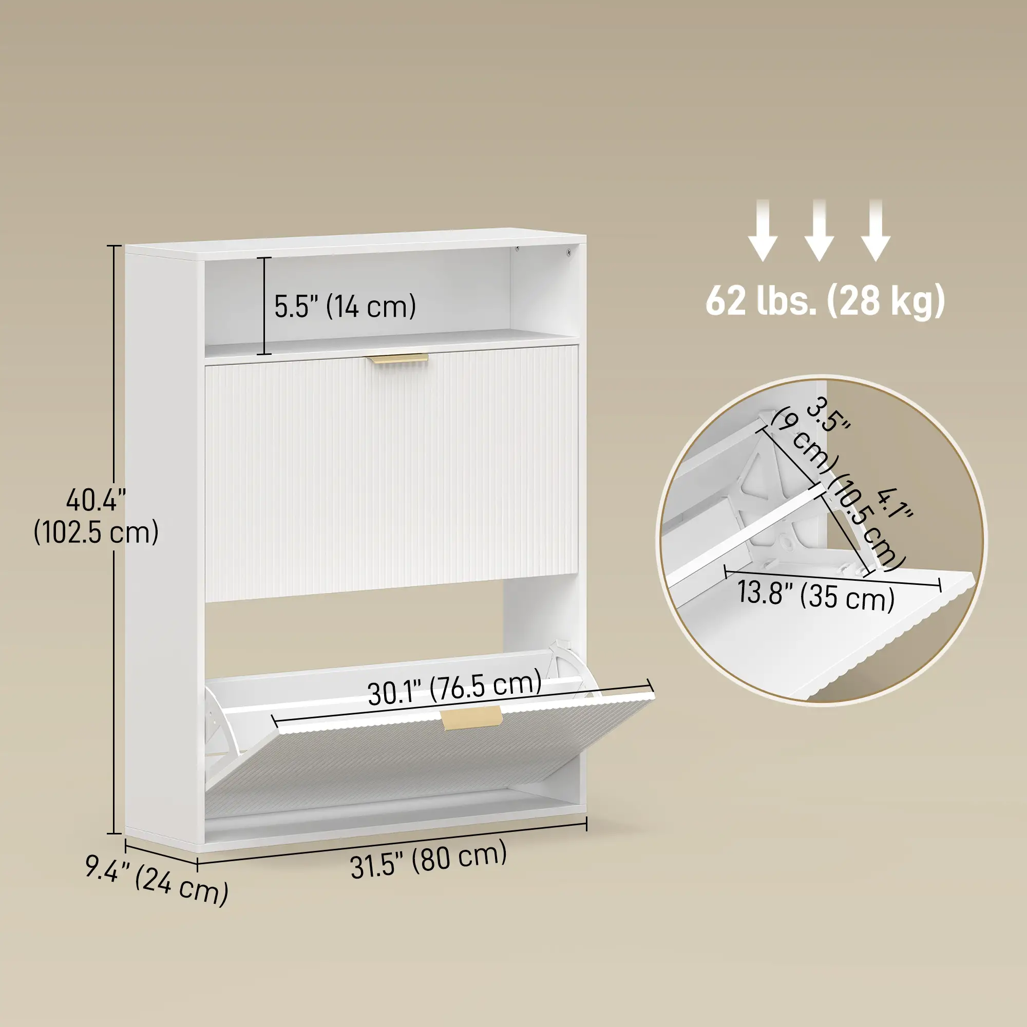 Narrow Shoe Cabinet With 2 Flip Drawers, Top Shelf, White - Image 2