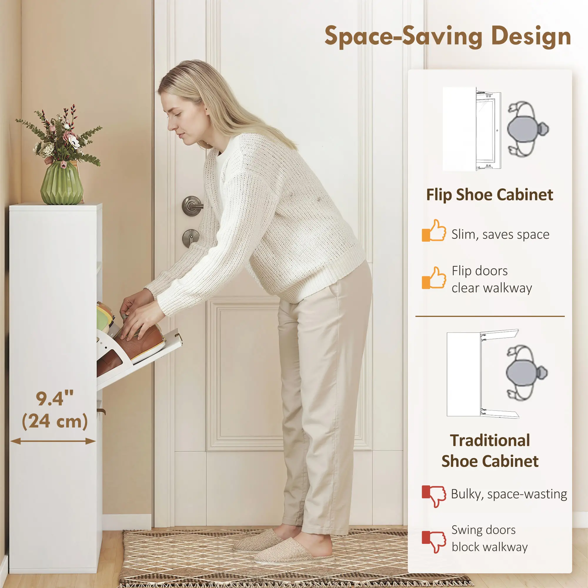 Narrow Shoe Cabinet With 2 Flip Drawers, Top Shelf, White - Image 3