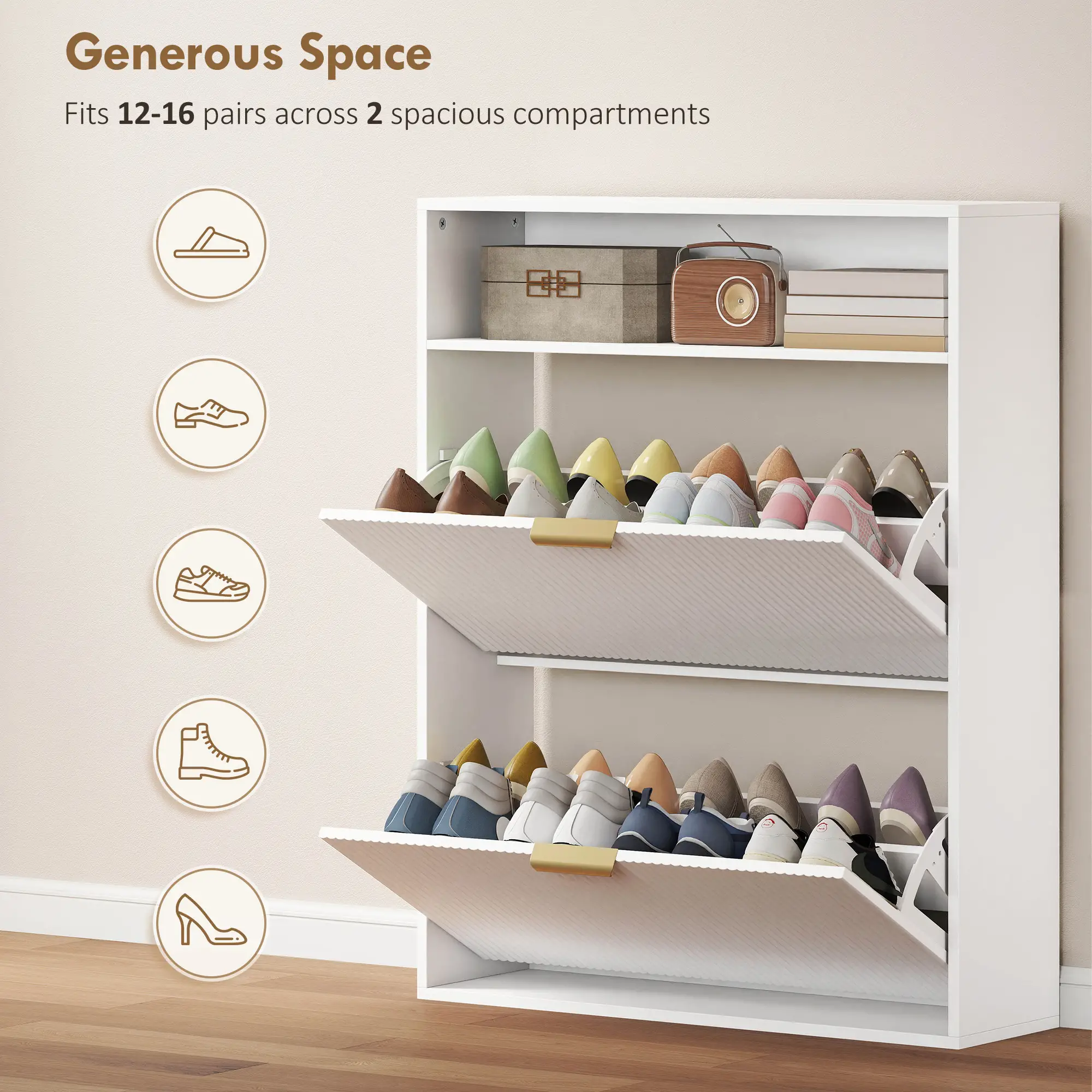 Narrow Shoe Cabinet With 2 Flip Drawers, Top Shelf, White - Image 4