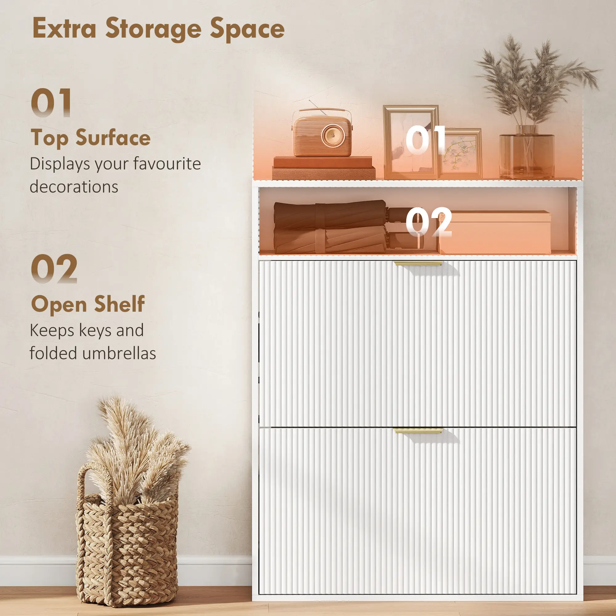 Narrow Shoe Cabinet With 2 Flip Drawers, Top Shelf, White - Image 6