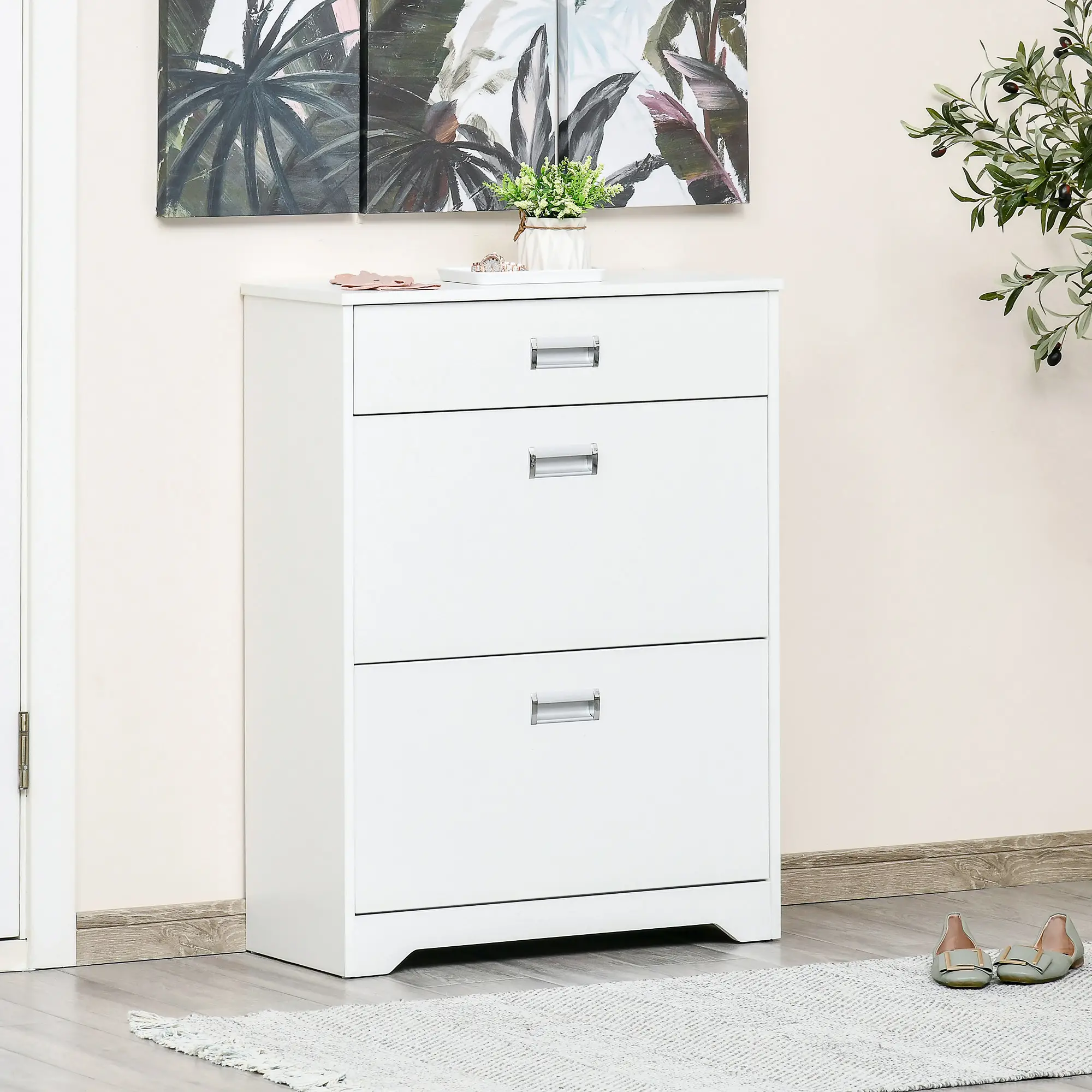 Narrow Shoe Storage, 2 Flip Doors, Adjustable Shelves, Holds 16 Pairs, White - Image 2