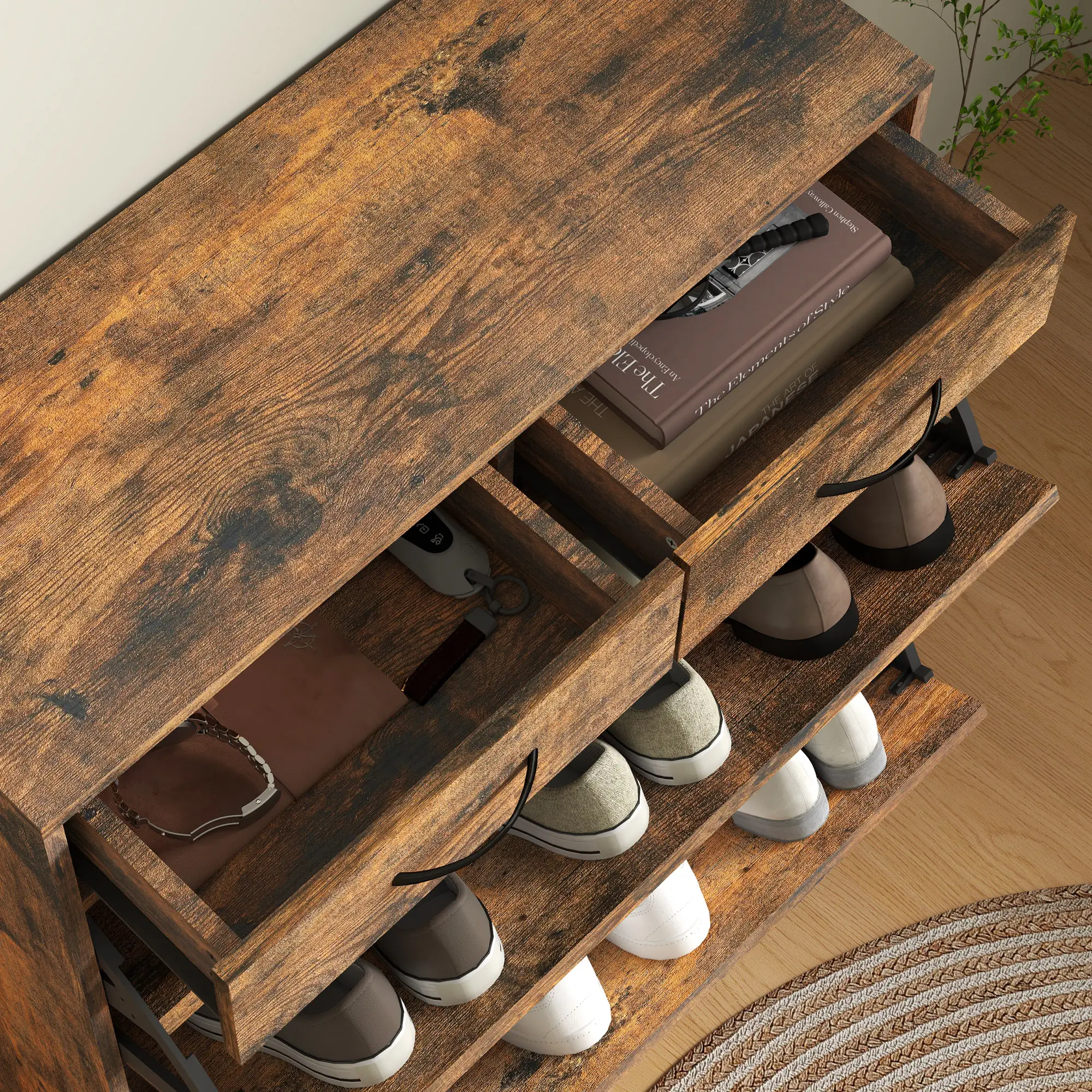 Narrow Shoe Storage, 2 Flip Drawers, Adjustable Shelves, 12 Pairs, Brown - Image 10