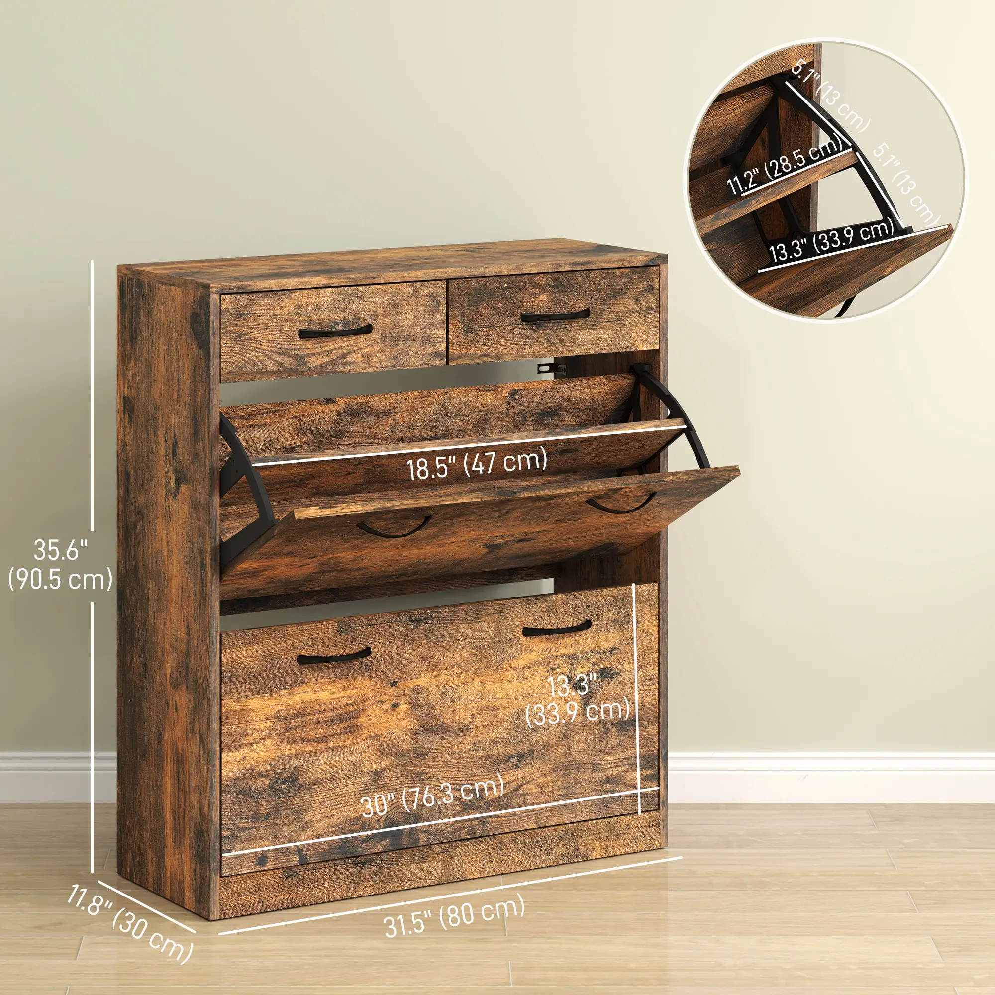 Narrow Shoe Storage, 2 Flip Drawers, Adjustable Shelves, 12 Pairs, Brown - Image 3
