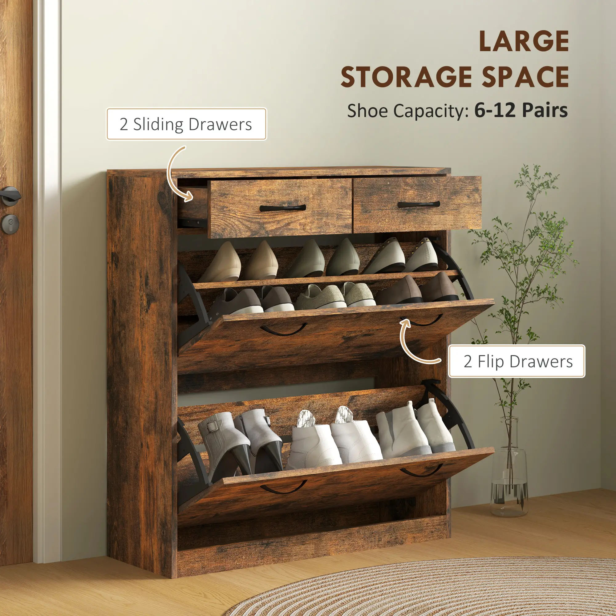 Narrow Shoe Storage, 2 Flip Drawers, Adjustable Shelves, 12 Pairs, Brown - Image 4