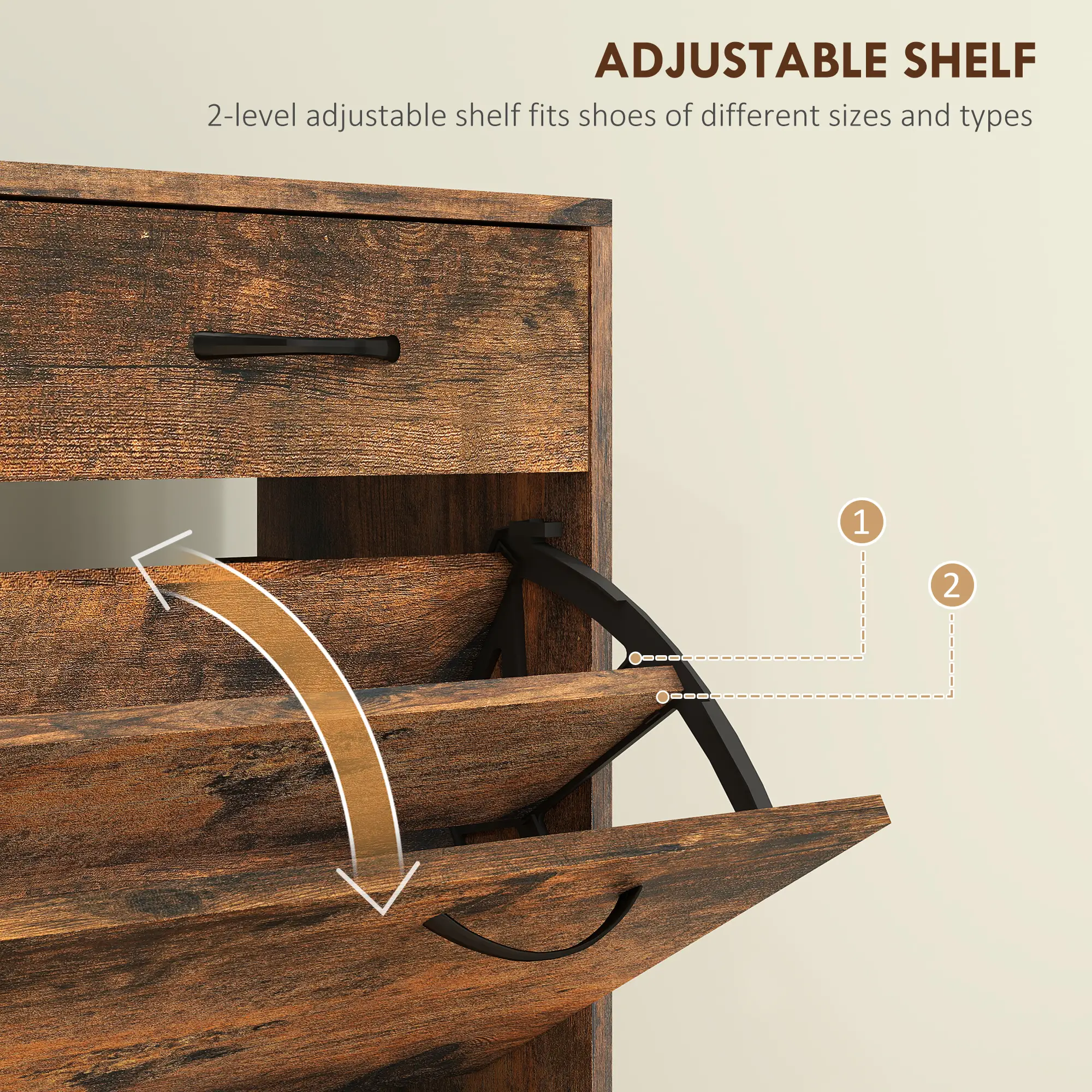 Narrow Shoe Storage, 2 Flip Drawers, Adjustable Shelves, 12 Pairs, Brown - Image 5