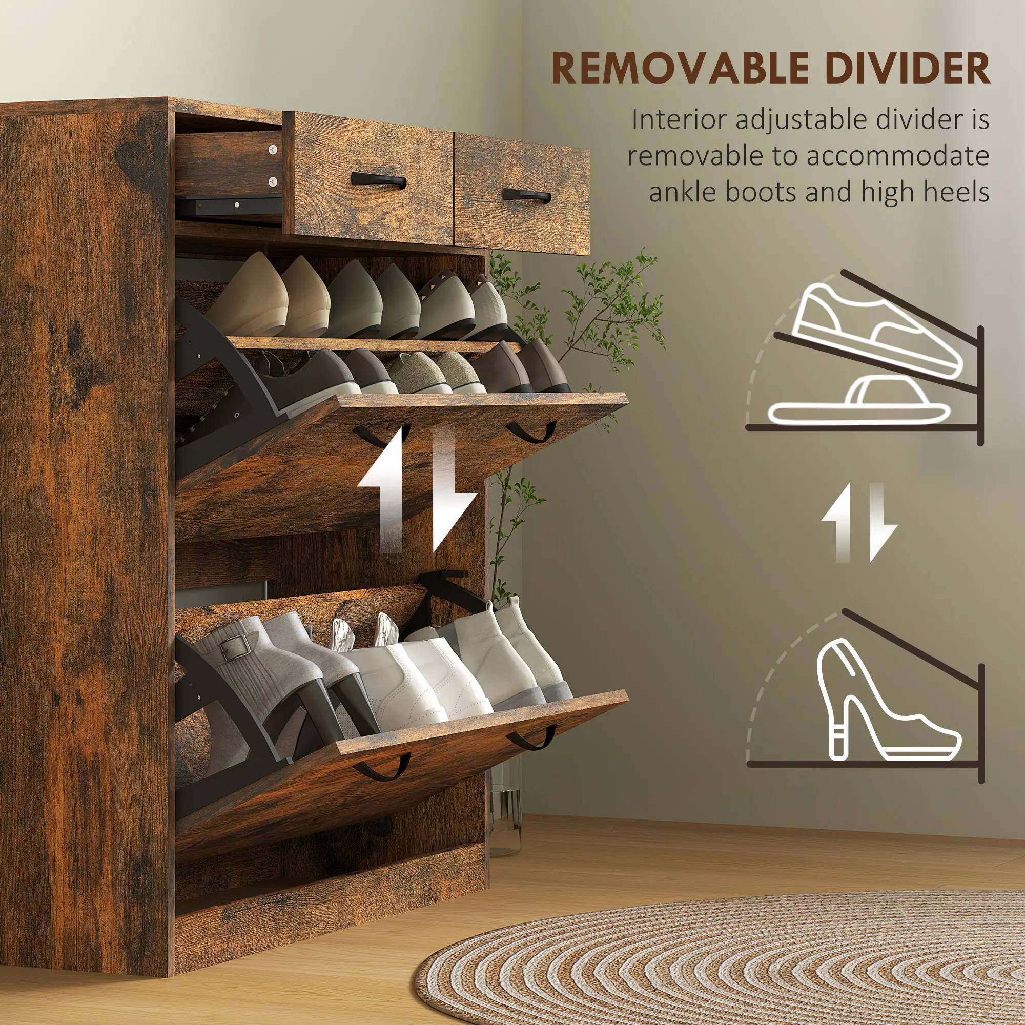 Narrow Shoe Storage, 2 Flip Drawers, Adjustable Shelves, 12 Pairs, Brown - Image 6