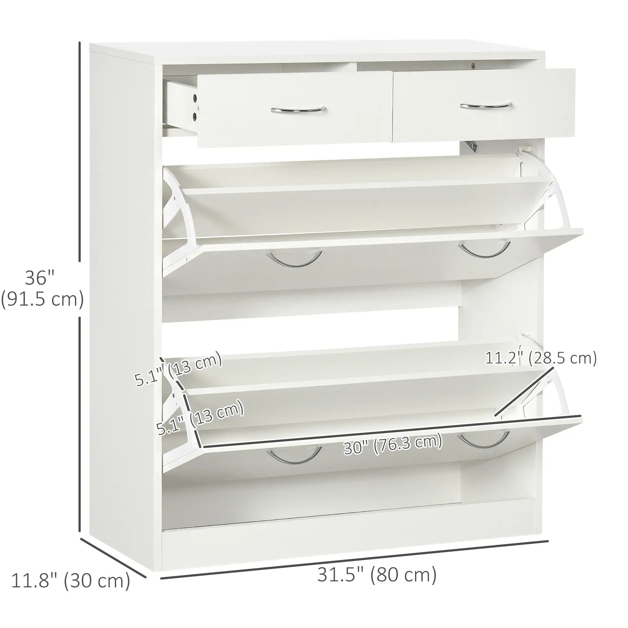 Narrow Shoe Storage, 2 Flip Drawers, Adjustable Shelves, 12 Pairs, White - Image 3