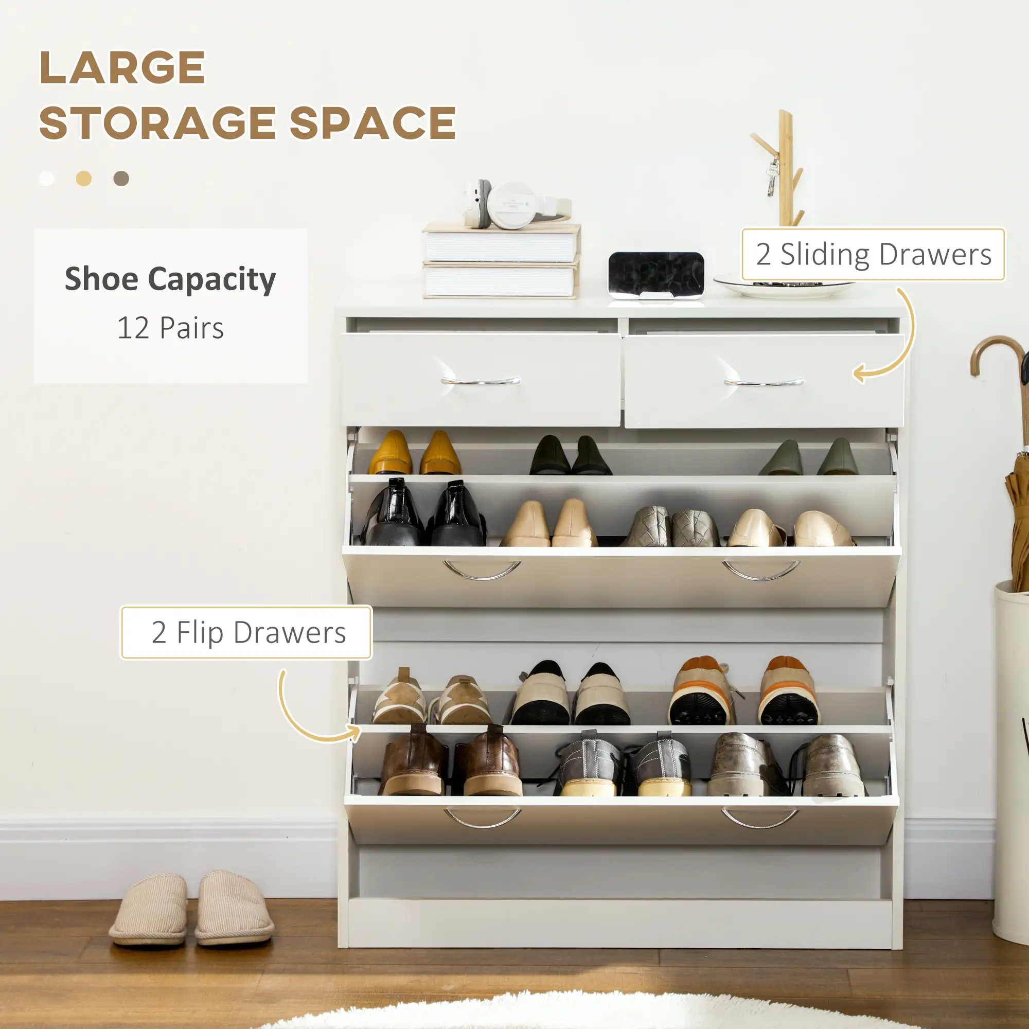 Narrow Shoe Storage, 2 Flip Drawers, Adjustable Shelves, 12 Pairs, White - Image 4
