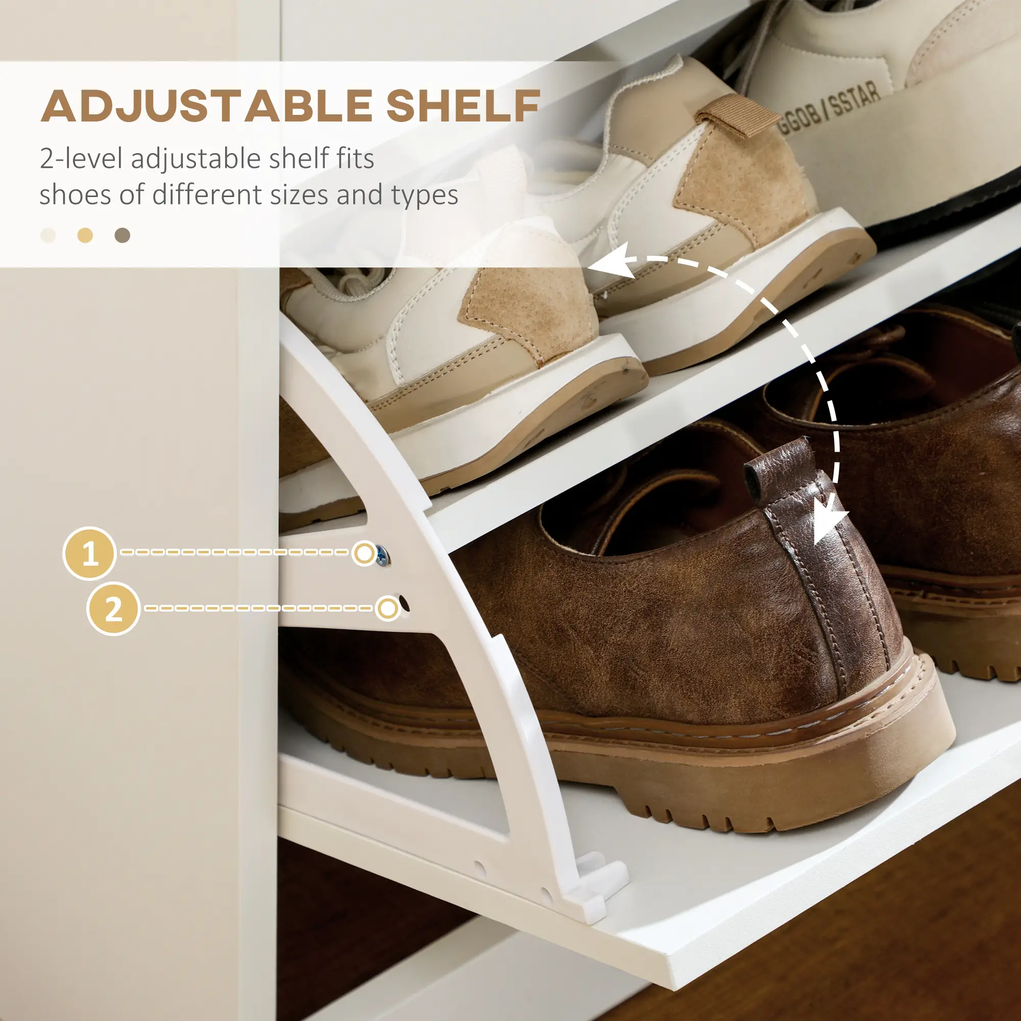 Narrow Shoe Storage, 2 Flip Drawers, Adjustable Shelves, 12 Pairs, White - Image 5