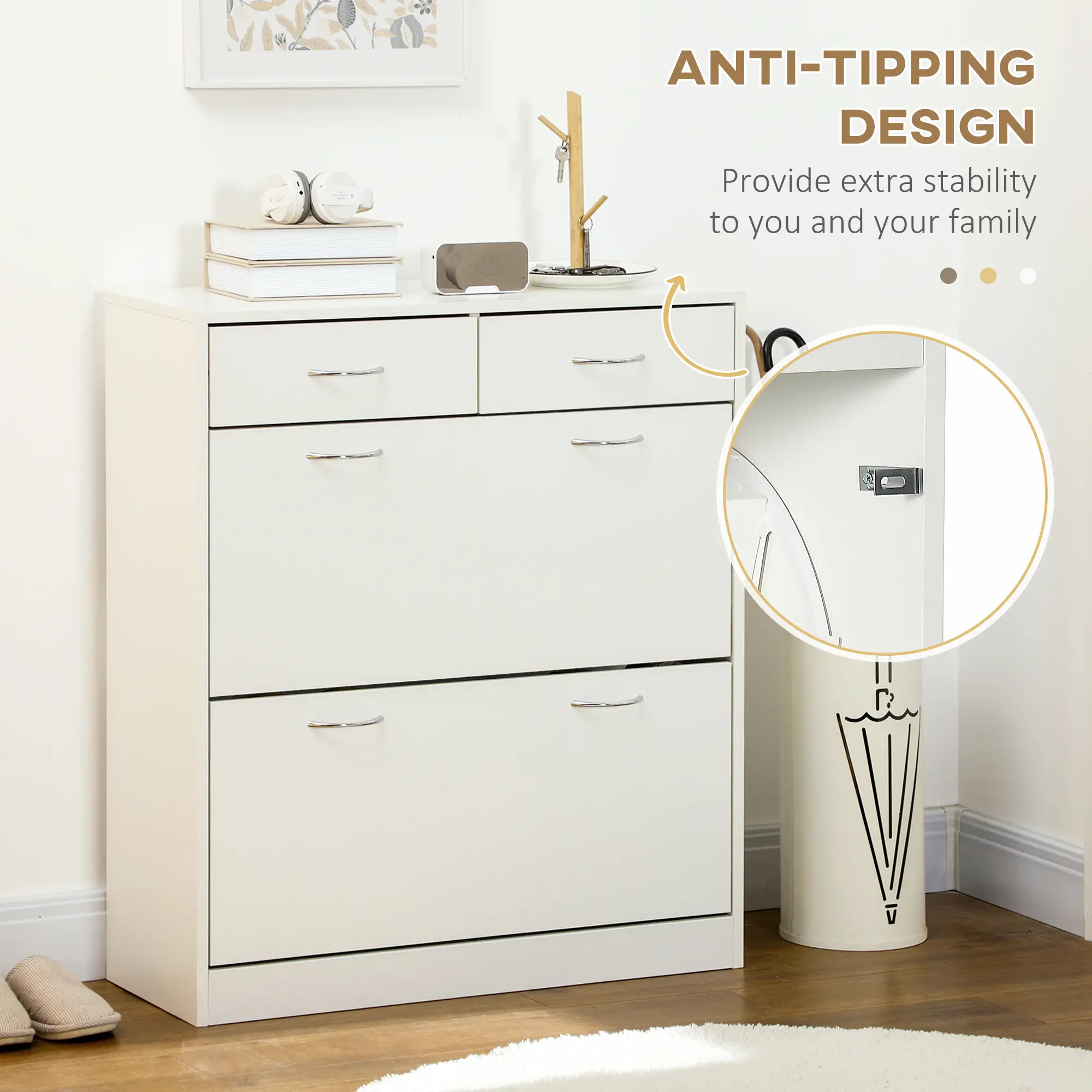 Narrow Shoe Storage, 2 Flip Drawers, Adjustable Shelves, 12 Pairs, White - Image 7