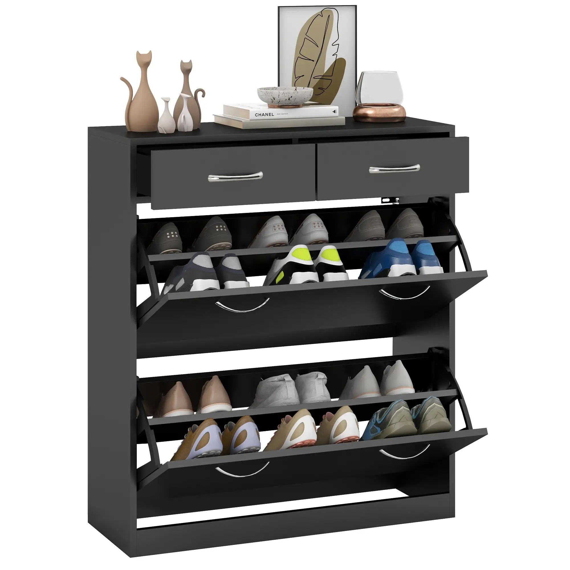 Narrow Shoe Storage, 2 Flip Drawers, Adjustable Shelves, Holds 12 Pairs, Black - Image 11