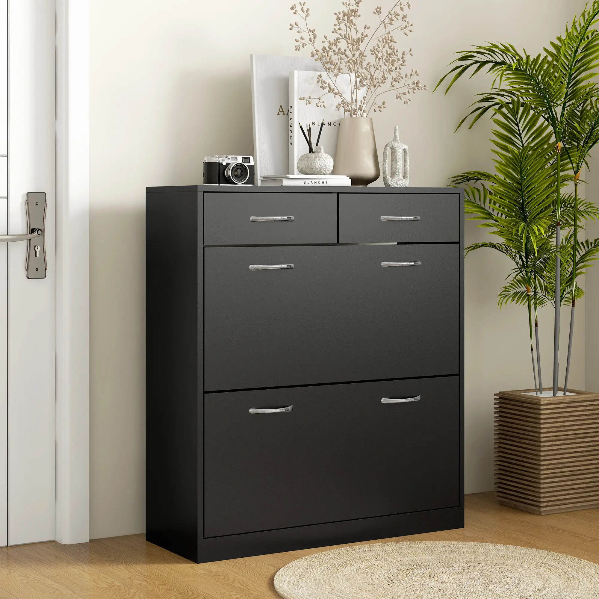 Narrow Shoe Storage, 2 Flip Drawers, Adjustable Shelves, Holds 12 Pairs, Black - Image 2