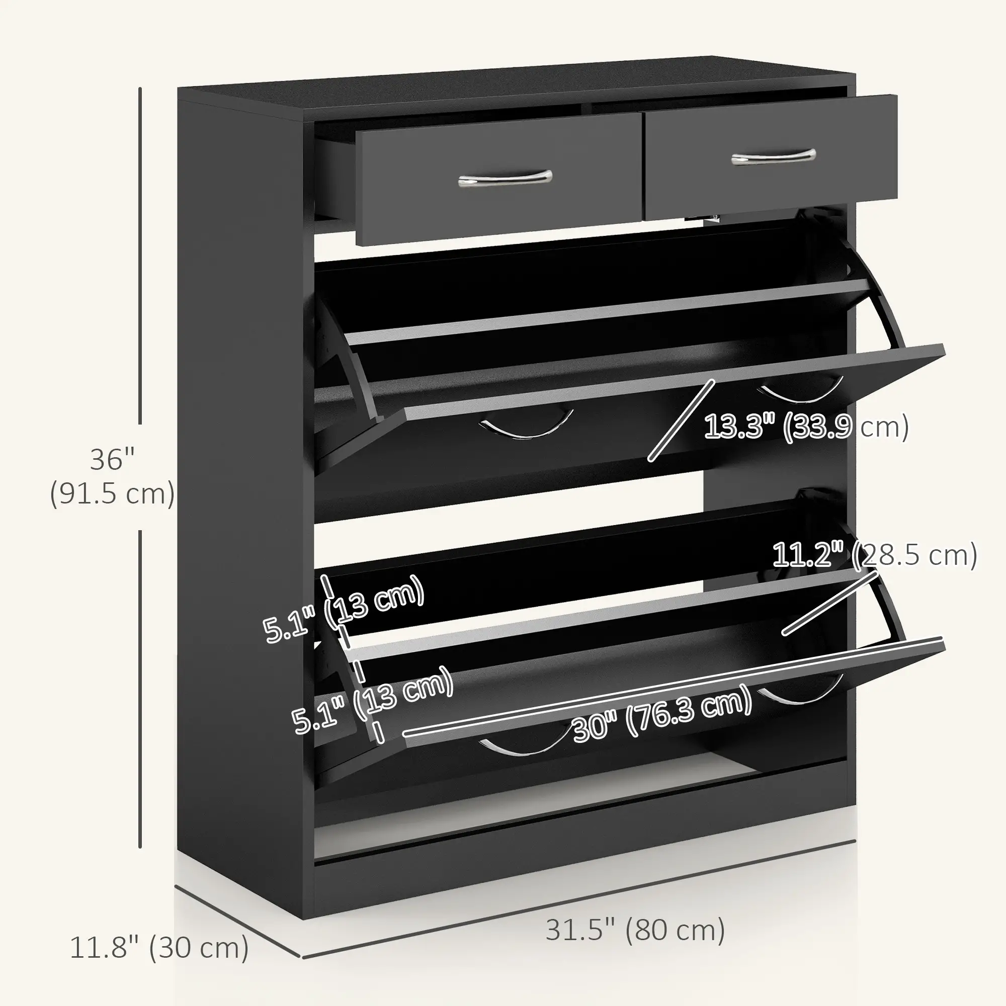 Narrow Shoe Storage, 2 Flip Drawers, Adjustable Shelves, Holds 12 Pairs, Black - Image 3