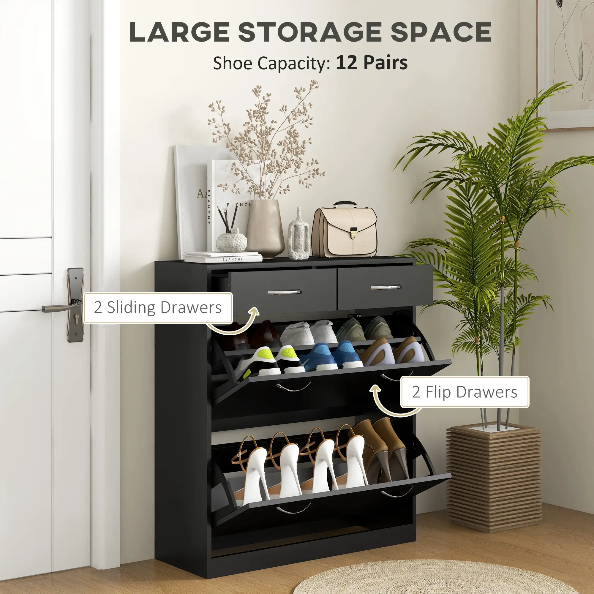 Narrow Shoe Storage, 2 Flip Drawers, Adjustable Shelves, Holds 12 Pairs, Black - Image 4