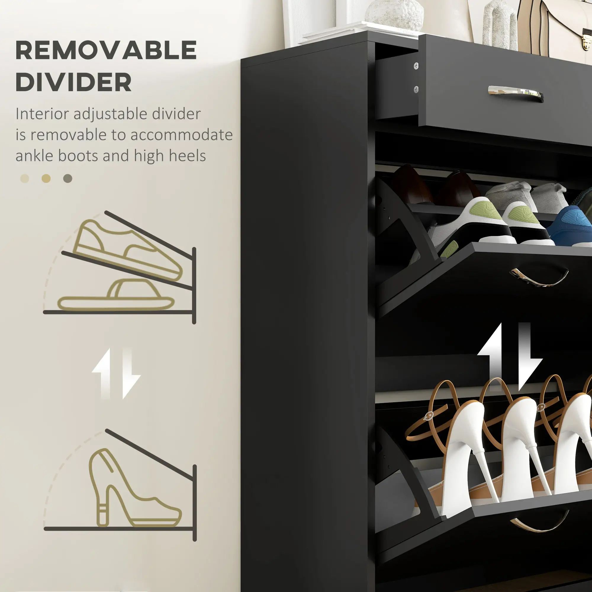 Narrow Shoe Storage, 2 Flip Drawers, Adjustable Shelves, Holds 12 Pairs, Black - Image 6