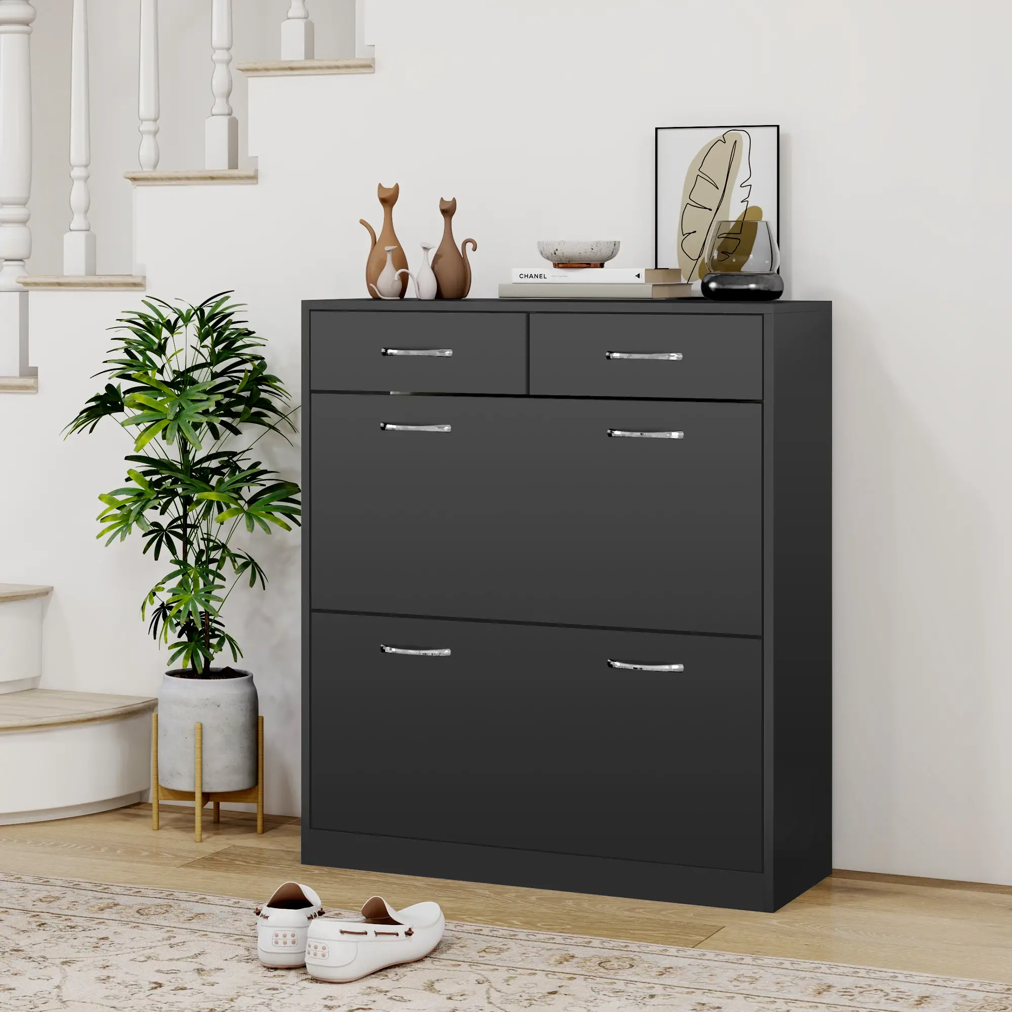 Narrow Shoe Storage, 2 Flip Drawers, Adjustable Shelves, Holds 12 Pairs, Black - Image 8