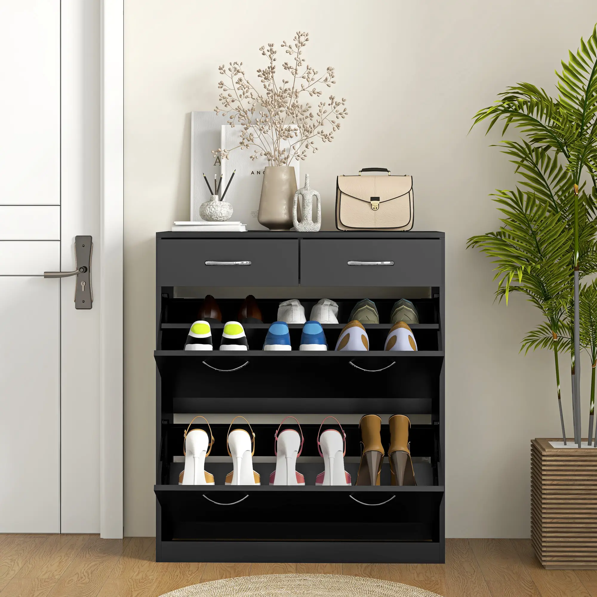 Narrow Shoe Storage, 2 Flip Drawers, Adjustable Shelves, Holds 12 Pairs, Black - Image 9