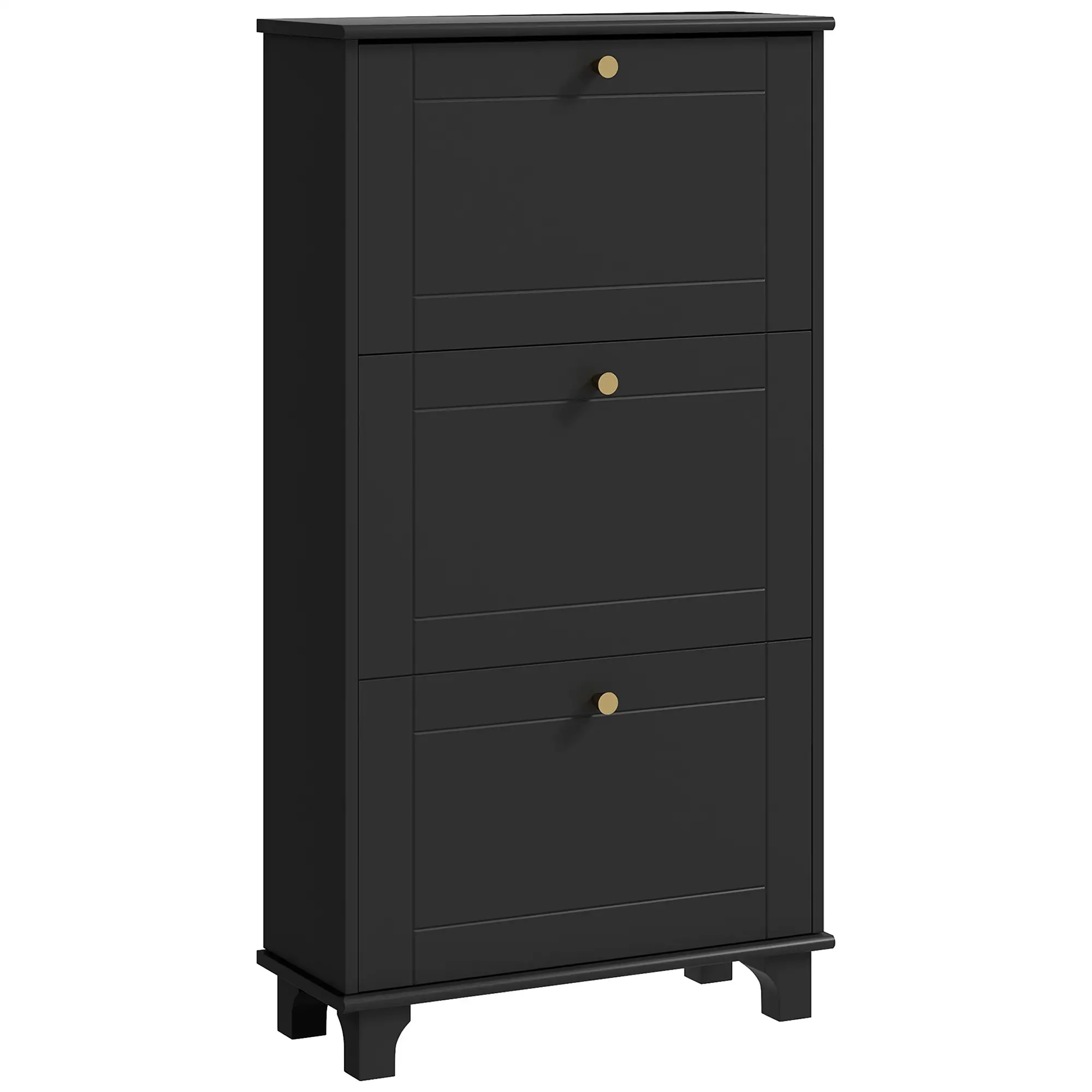 Narrow Shoe Storage, 3 Flip Drawers, Adjustable Shelves, Holds 12 Pairs, Black