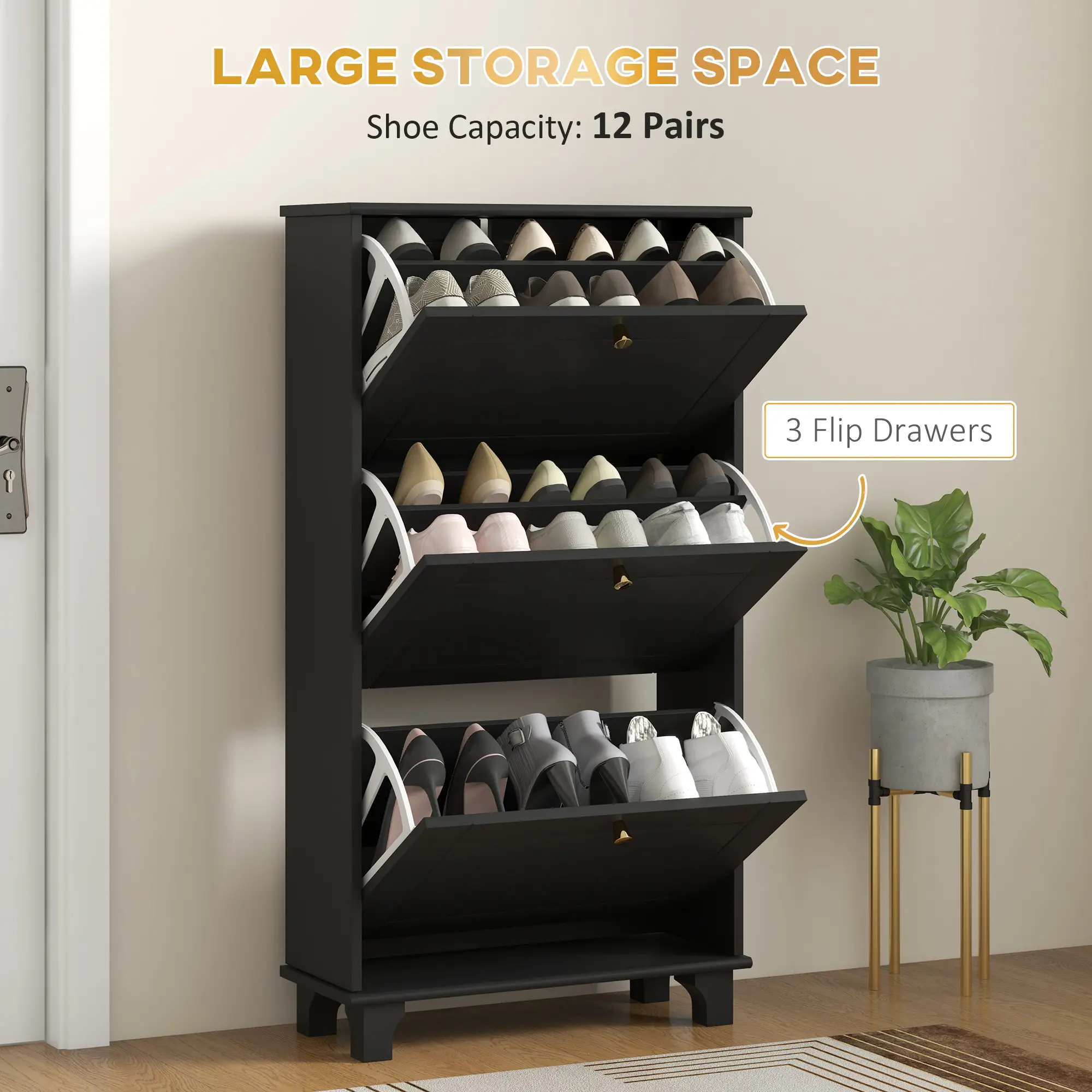 Narrow Shoe Storage, 3 Flip Drawers, Adjustable Shelves, Holds 12 Pairs, Black - Image 4