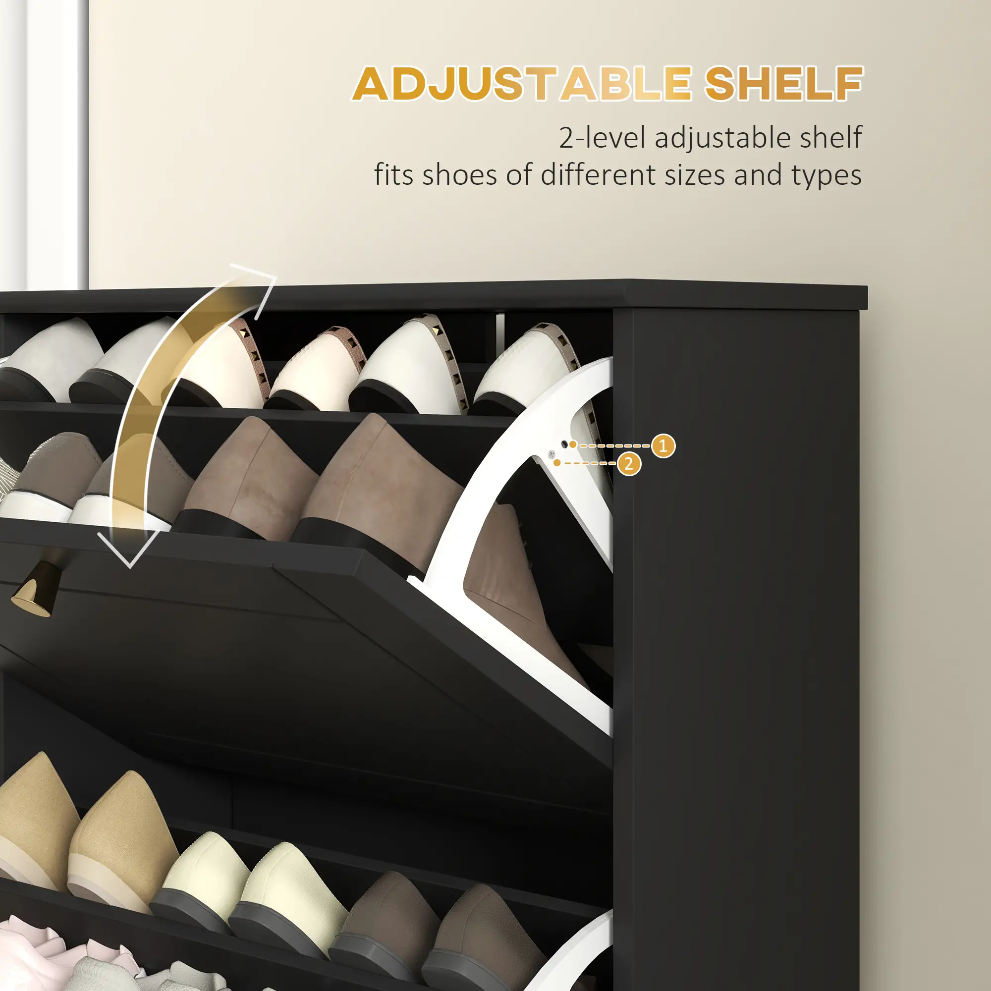 Narrow Shoe Storage, 3 Flip Drawers, Adjustable Shelves, Holds 12 Pairs, Black - Image 5
