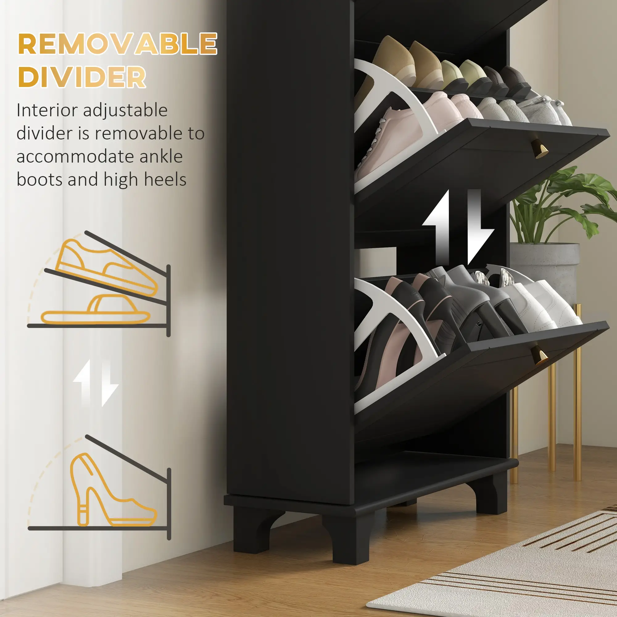 Narrow Shoe Storage, 3 Flip Drawers, Adjustable Shelves, Holds 12 Pairs, Black - Image 6