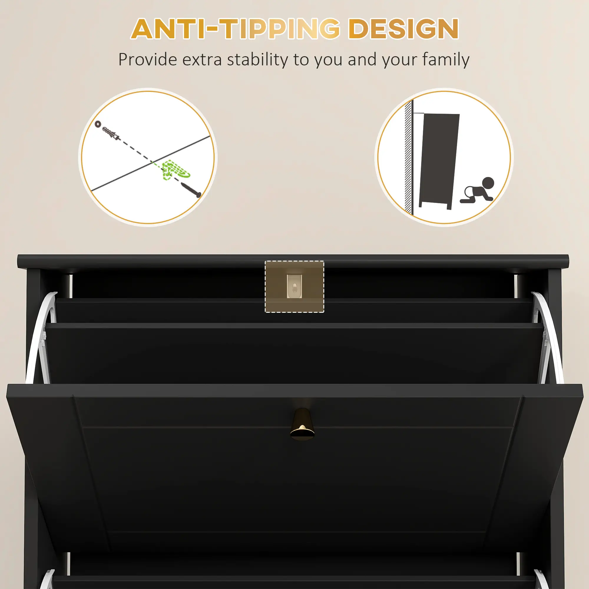 Narrow Shoe Storage, 3 Flip Drawers, Adjustable Shelves, Holds 12 Pairs, Black - Image 7