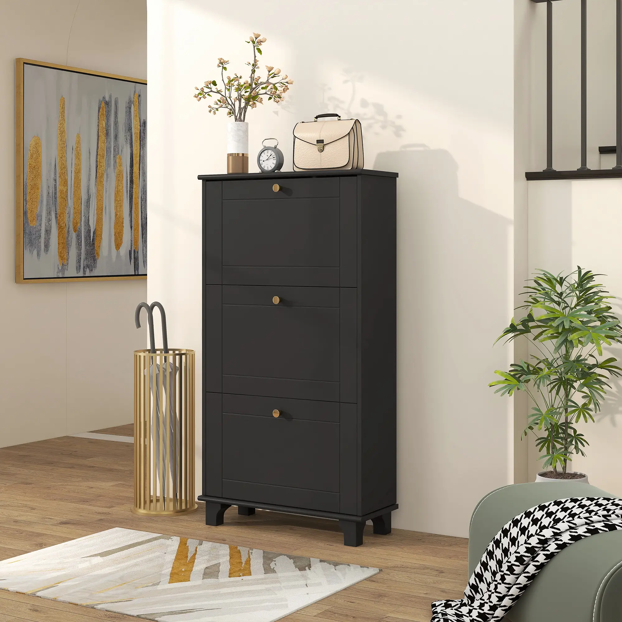 Narrow Shoe Storage, 3 Flip Drawers, Adjustable Shelves, Holds 12 Pairs, Black - Image 9