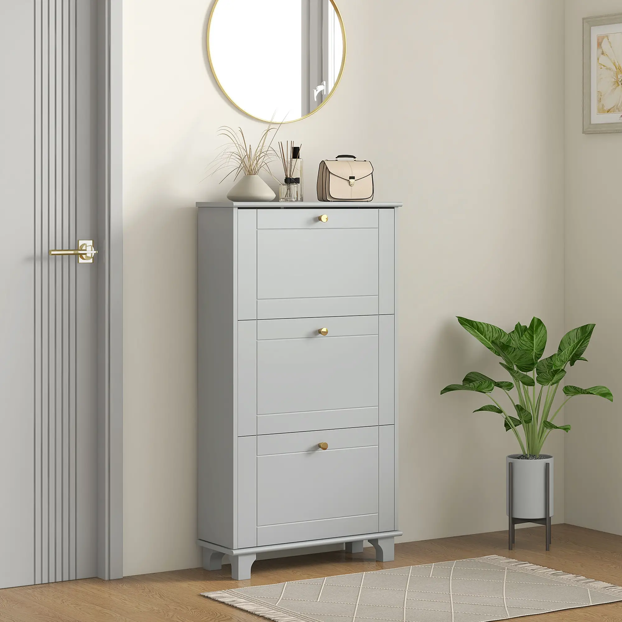 Narrow Shoe Storage, 3 Flip Drawers, Adjustable Shelves, Holds 12 Pairs, Grey - Image 10
